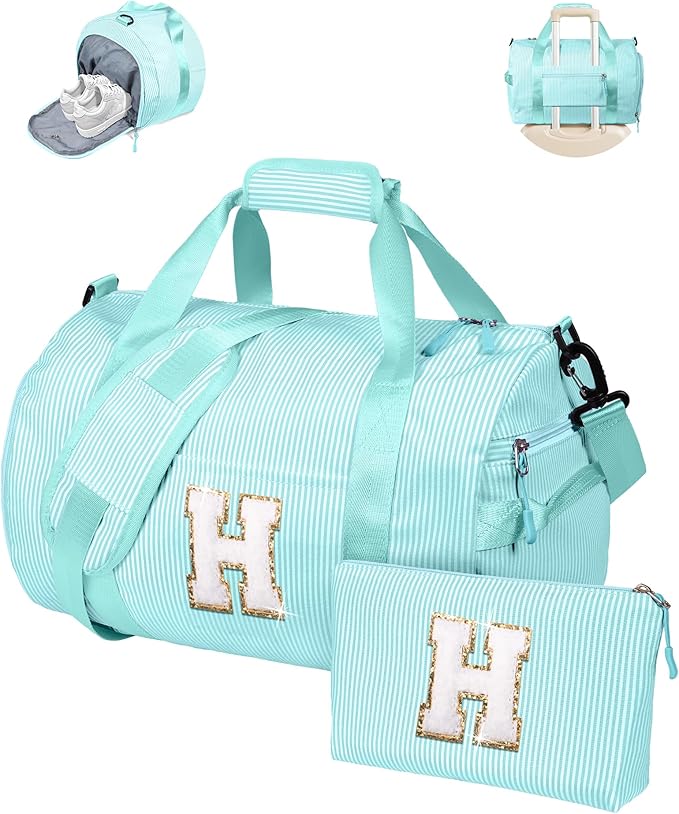 Customized Gifts for Daughter, Girl Gym Bag, Kids Initial Overnight Duffel Bags with Shoe Compartment, Personalized Travel Bag with Makeup Pouch, Sweet Gift for Niece (Letter H)