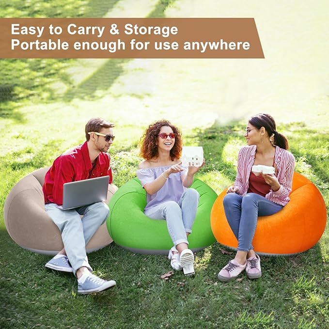 Realspring 6 Pcs Bean Bag Chairs for Adults Inflatable Chairs with Electric Air Pump,Blow up Couch Folding Portable Inflatable Couch Lazy Sofa for Reading Living Room Camping (Coffee,Orange,Green)