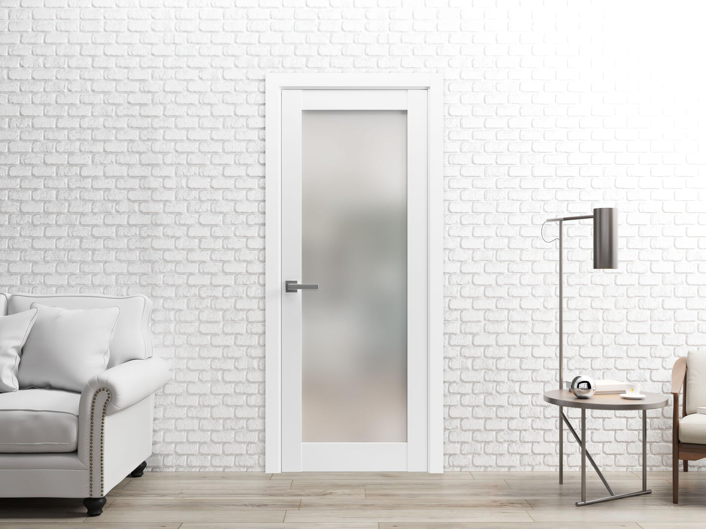 SARTODOORS Modern Solid French Door Frosted Glass 24 x 96 inches with Handle | Planum 2102 White Matte | Single Regural Panel Frame Trims | Bathroom Bedroom Sturdy Doors