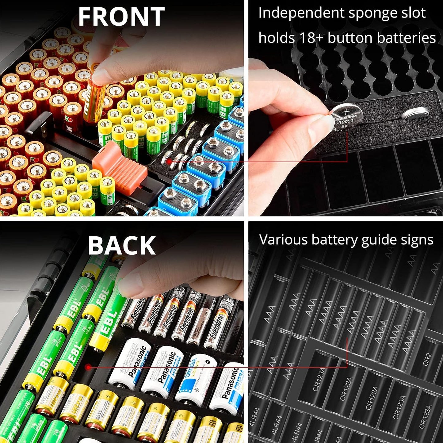 269 4A 9V 3V LR44 CR2 CR123 CR1632 18650 Battery Organizer Storage Case with Tester, Holds Batteries Double Sided Box