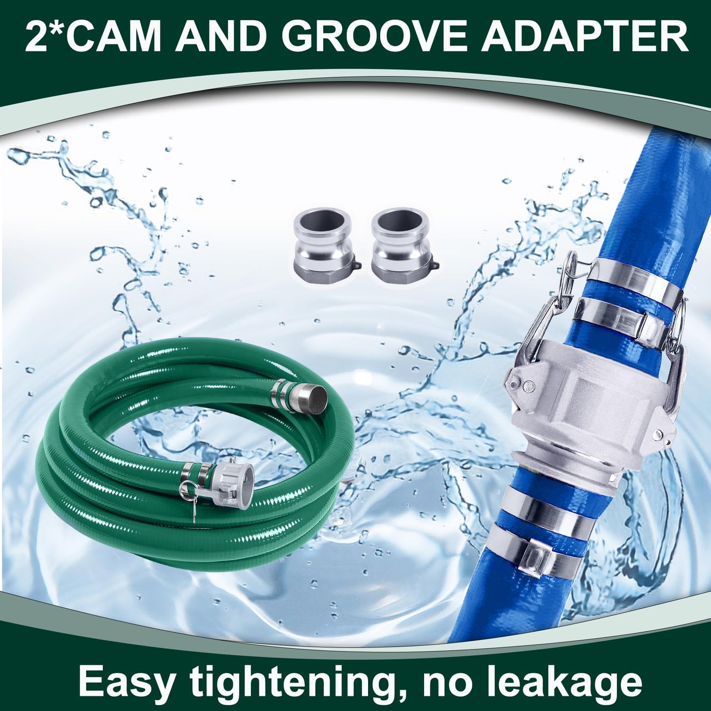 3 Inch Discharge Hose Pump Kit Includes 3" x 65' Blue PVC Lay-Flat Backwash Hose & 3" x 20' Green PVC Suction Hose & Steel Round Hole Suction Strainer & Cam and Groove Adapter, water/trash pump