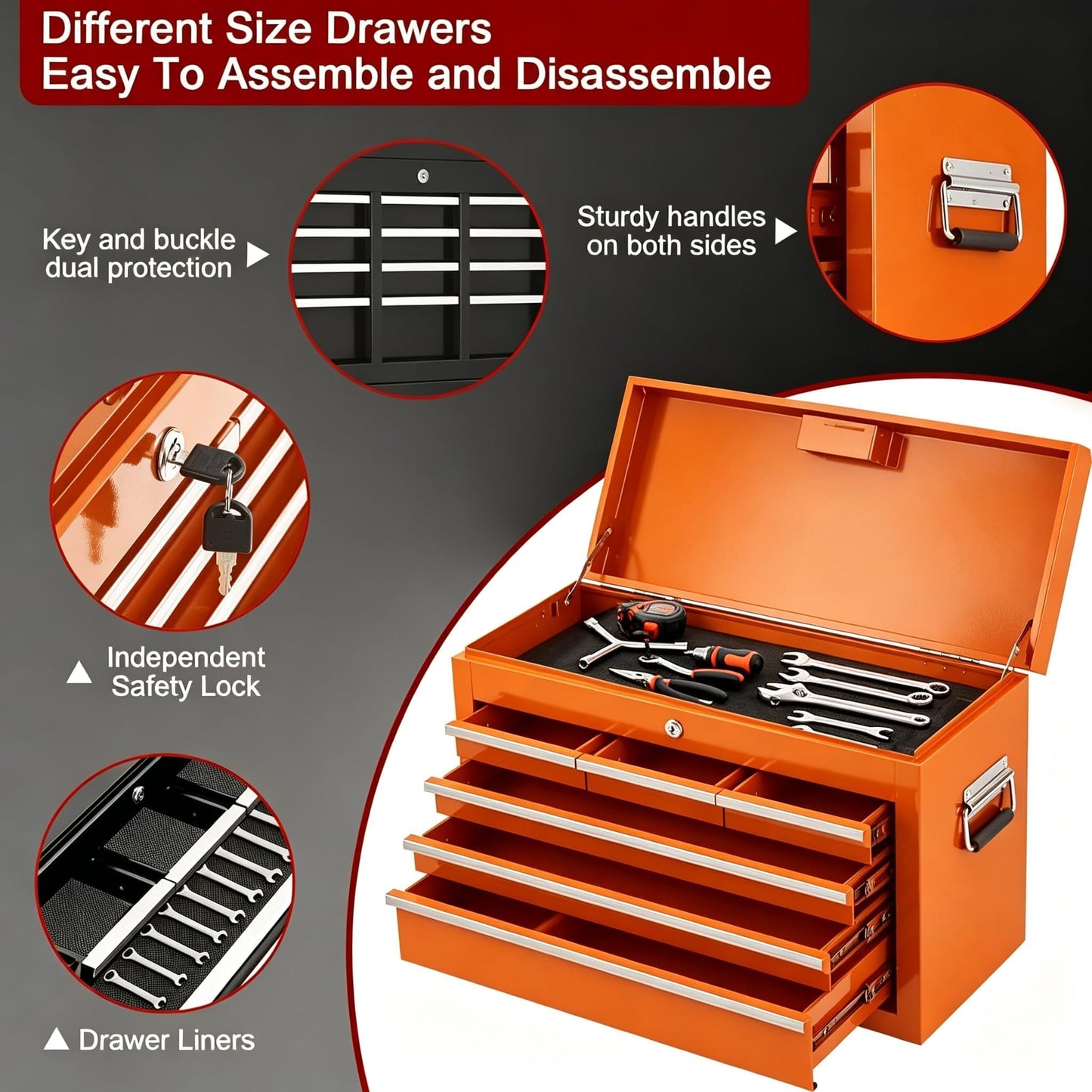 MilleLoom 8 Drawer Tool Chest with Wheels, 2 in 1 Detachable Rolling Tool Box Cabinet, Locking Metal Tool Storage Organizer with Portable Top Chest for Garage Workshop, Orange