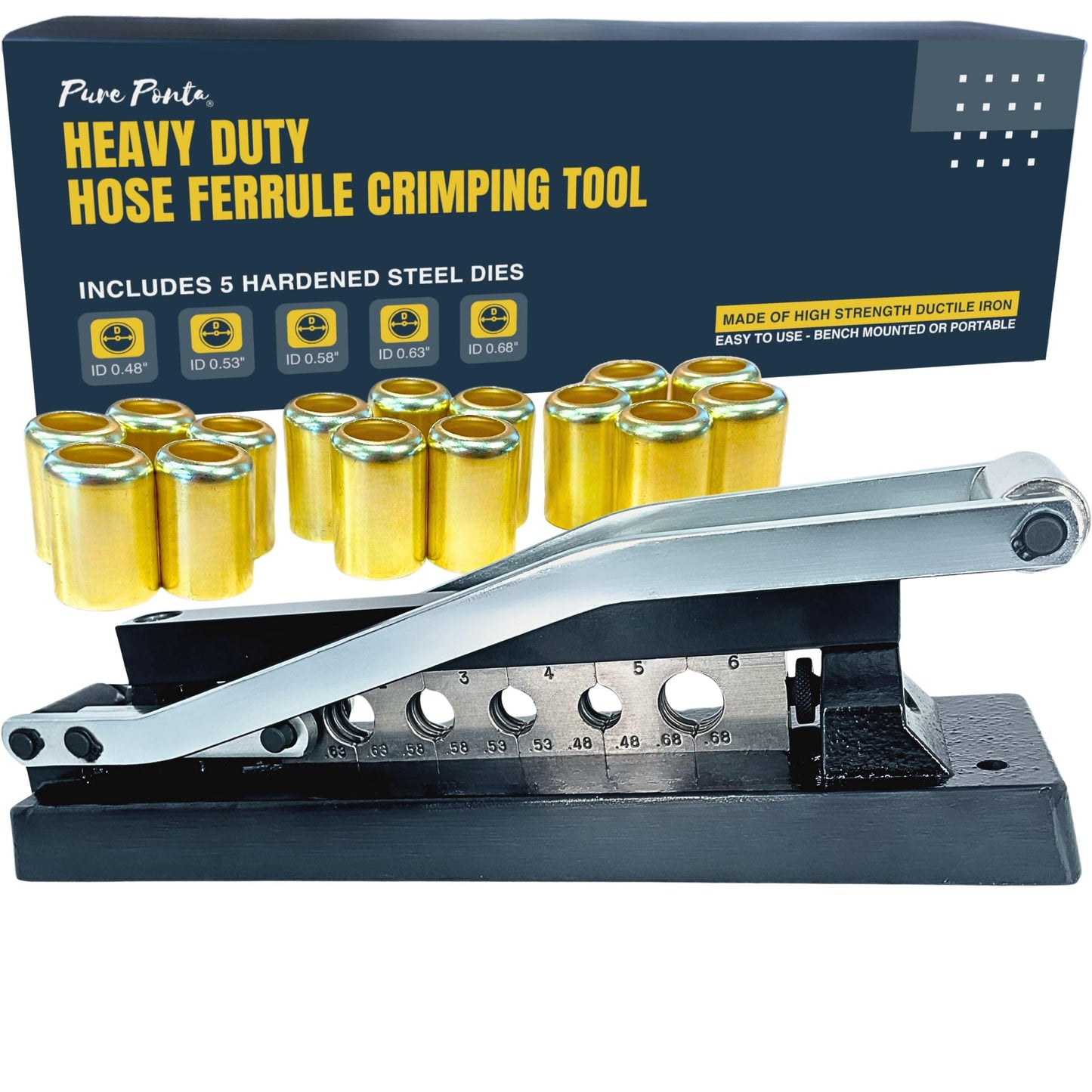 Pure Ponta Heavy Duty Ferrule Crimping Tool Air Hose Repair Kit for 3/8, 5/16, 1/4 inch ID Hoses, Crimper w/ 5 Hardened Steel Dies & 15 Ferrules Fittings, Torch & Compressor Crimpers