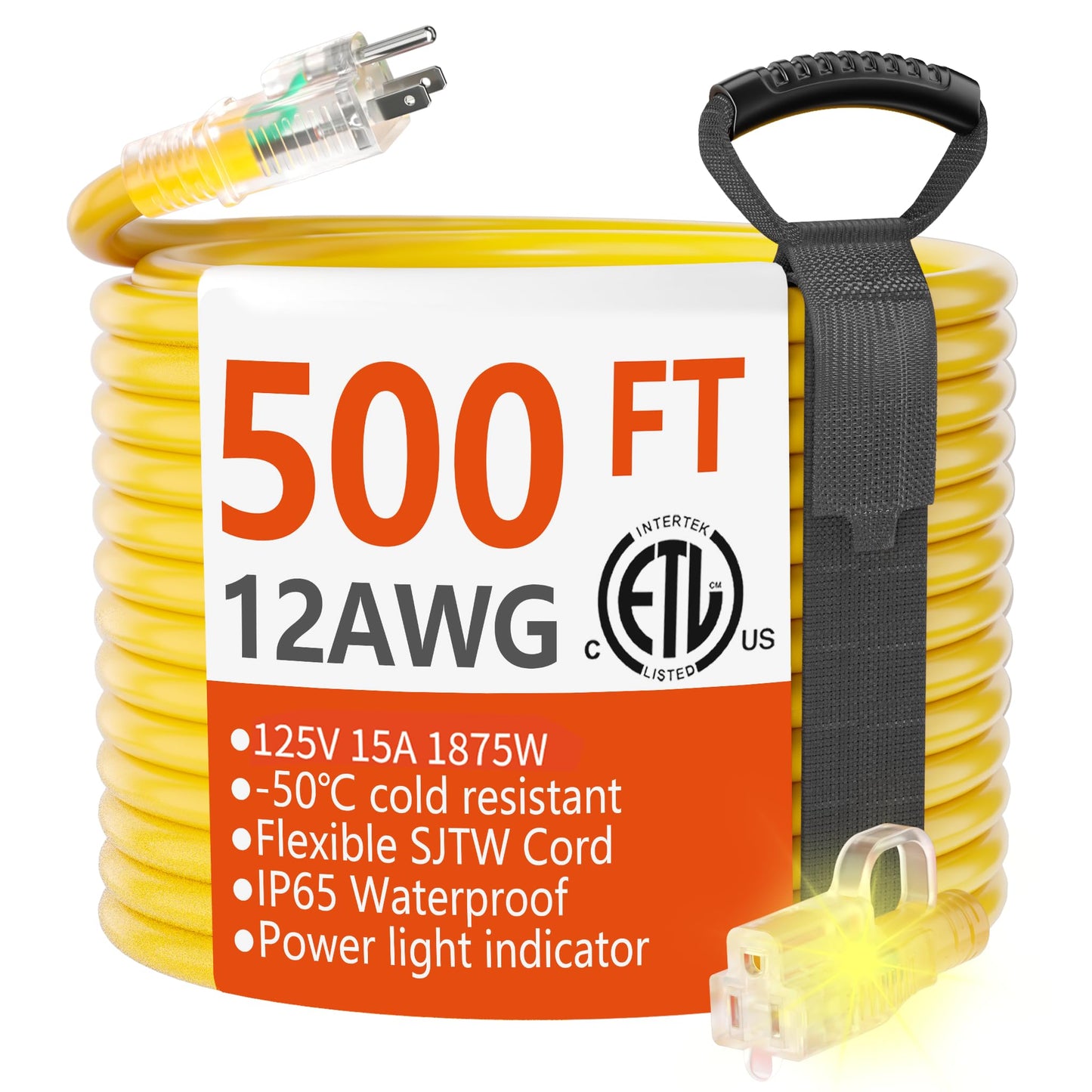 HUANCHAIN 500 ft Outdoor Extension Cord Waterproof 12/3 Gauge Heavy Duty with Lighted end, Flexible Cold-Resistant 3 Prong Electric Cord Outside, 15Amp 1875W 12AWG SJTW, Yellow, ETL