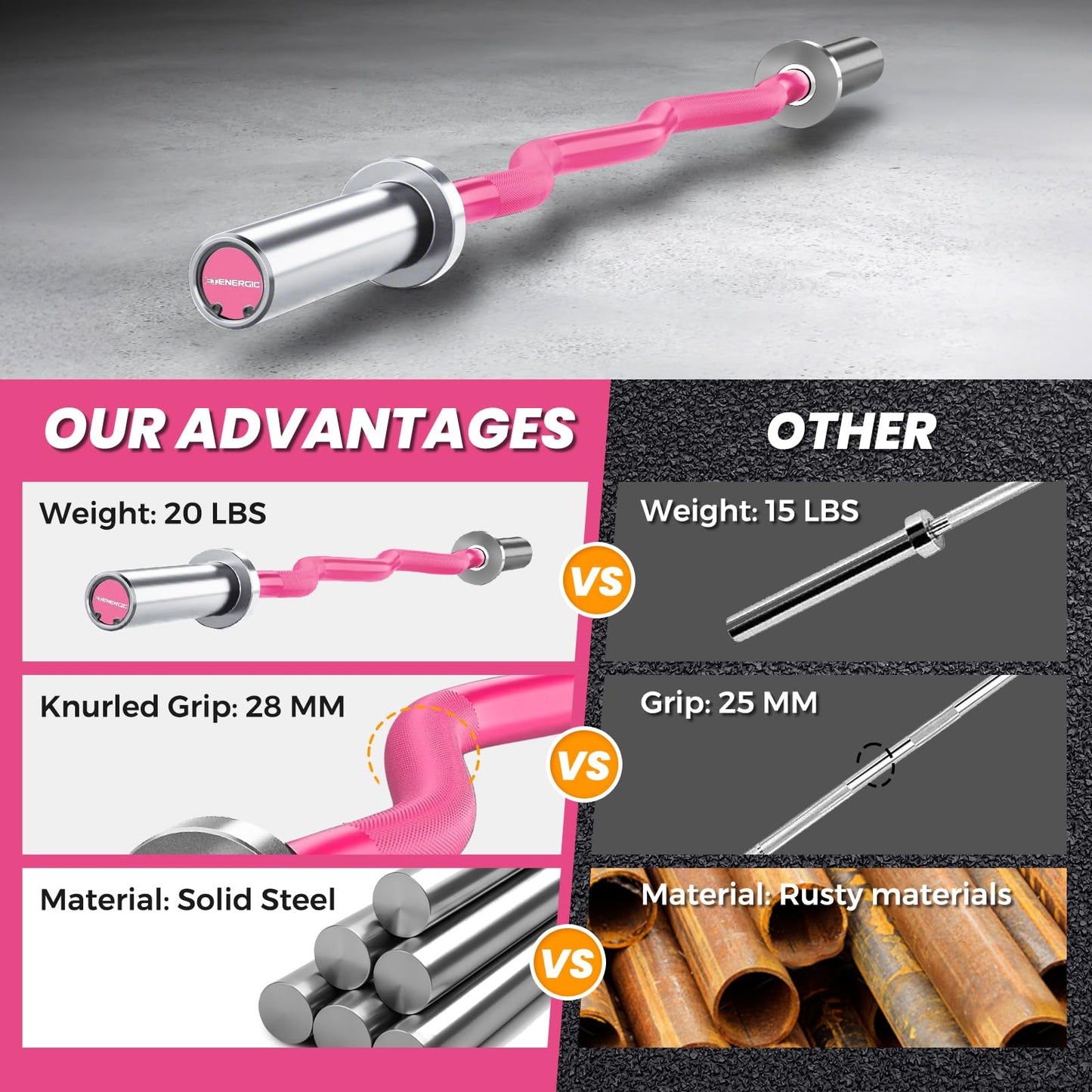 E.T.ENERGIC 47" Olympic EZ Curl Bar - 500lb Capacity, Pink Shaft & Sliver Chrome Sleeves, Knurled Grip - 2" Plate Compatible for Weightlifting, Strength Training, Home & Commercial Gyms