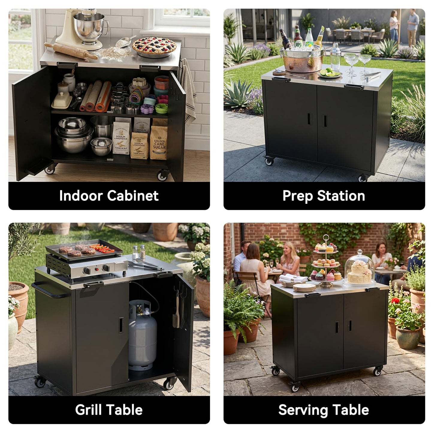 ADREAK Outdoor Grill Table, Movable Grill Cart with Door, Outdoor Grill Stand with Large Capacity ＆ Hooks, 2 Tier Pizza Oven Table for Outdoor Use