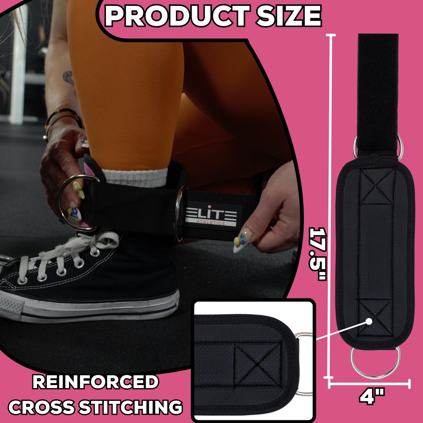 Elite Athletics Ankle Strap for Cable Machine, Gym Ankle Cuff for Cable Kickback, plus Wrist Lifting Straps for Weightlifting, Deadlift and Carry Bag (Pink)