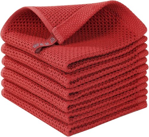 Homaxy Kitchen Dish Cloths - Ultra Soft 100% Cotton Waffle Weave, Quick Drying, 12 x 12 Inches, 6-Pack, Brick Red