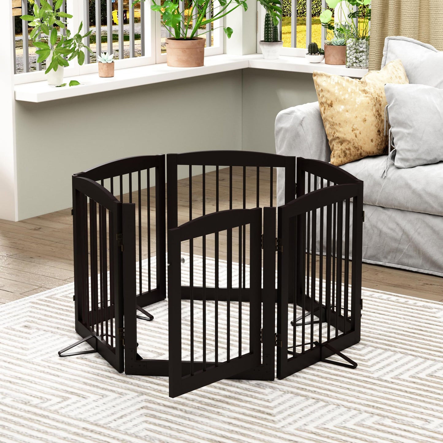 PUPETPO Freestanding Pet Gates with Walk Through Door, Dog Indoor Fence, Dog Gate for The House, Doorway, Stairs, Extra Wide Pet Gate, Support Feet Included, 120 Inch Wide, 6 Panels 24" Tall, Brown