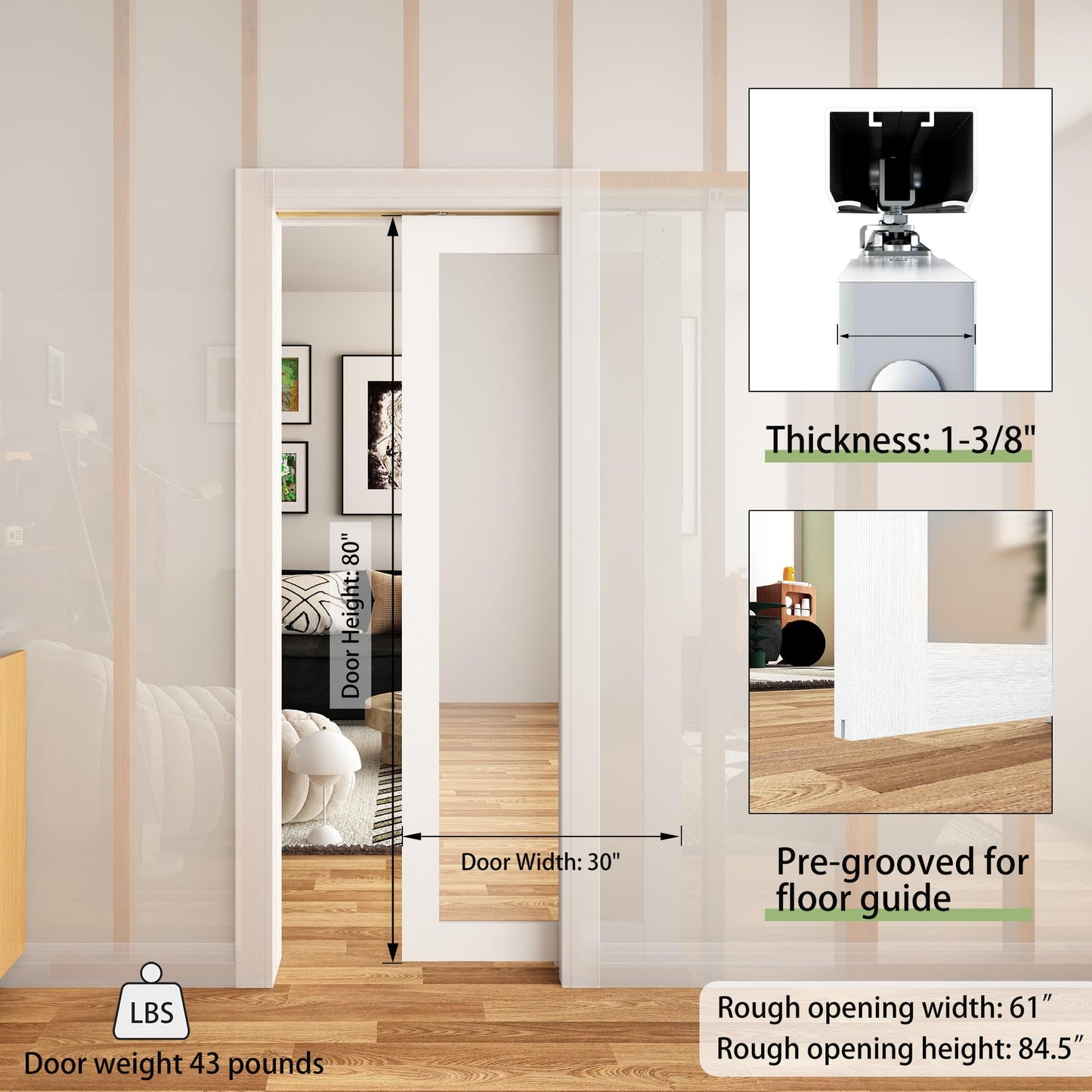 JUBEST Pocket Door 30"x80", 1-Panel Mirrored Sliding Pocket Door with Soft Close Hardware Kit, Sturdy Solid Wood & MDF with Water-Proof PVC Surface, No Assembly Required, White