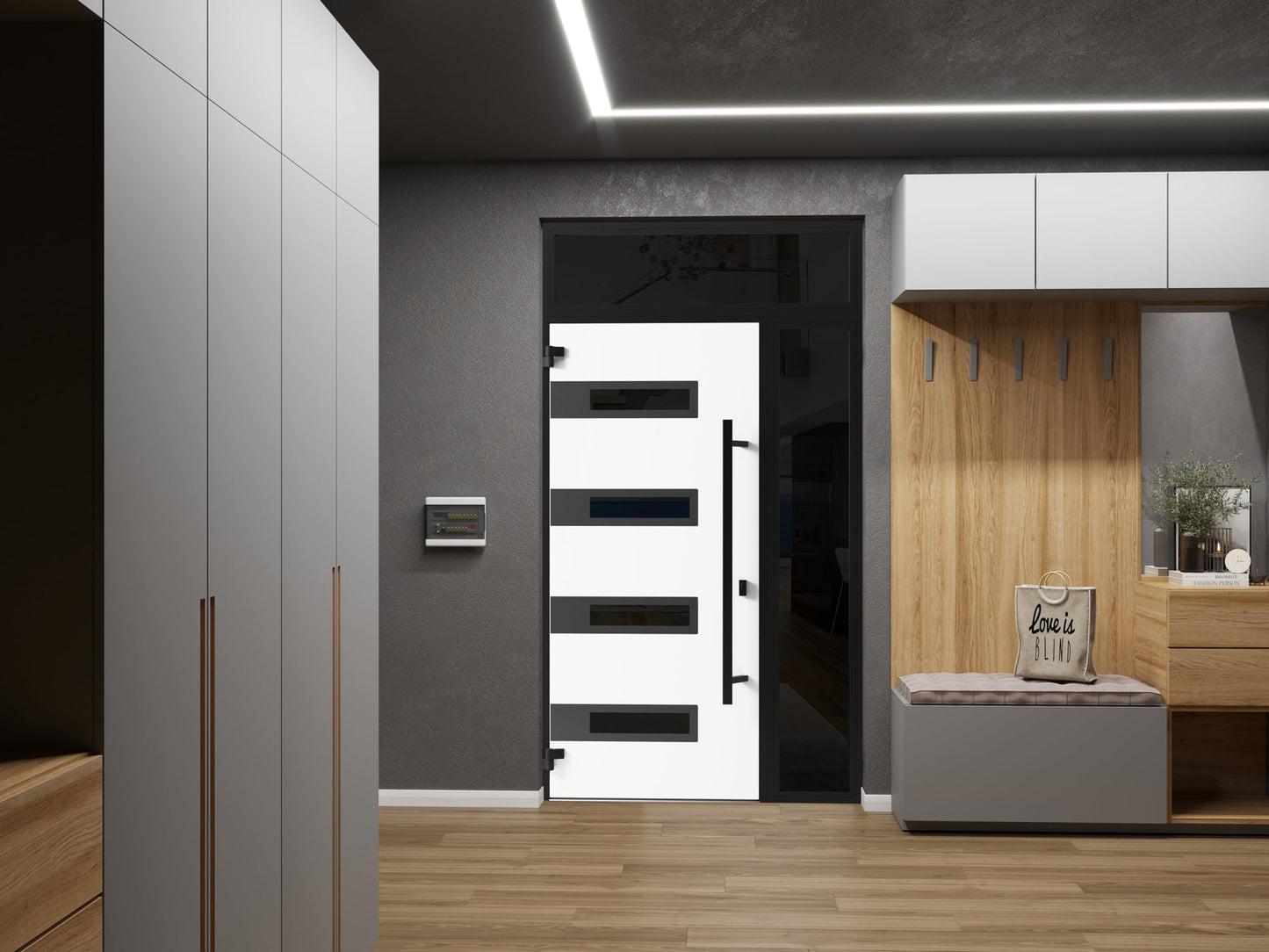 Front Exterior Prehung Steel Door/Ronex 0131 Grey/Side and Top Exterior Window Sidelite/Entry Metal Modern Painted W36+12" x H80+16" Right Hand Inswing