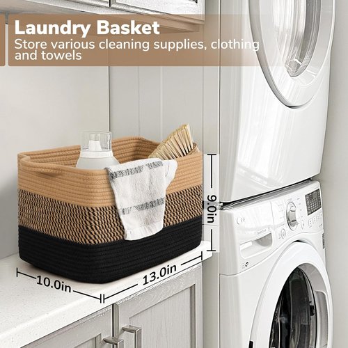 Goodpick Woven Storage Baskets - Stylish Cotton Rope Organizer for Living Room & Bedroom | 13"x10"x9" Black & Jute Dog Toy Basket with Handles