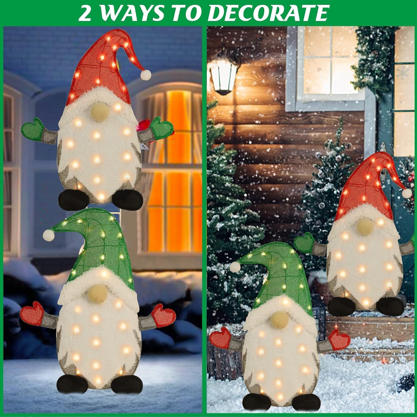 Waterglide Lighted Christmas Tinsel Gnomes - 24 Inch Pre-Lit 2D Stacked Gnome Decorations for Indoor/Outdoor Holiday Decor