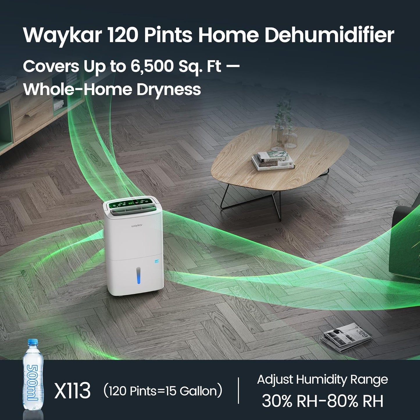 Waykar 6,500 Sq. Ft. 120 Pints 2025 Energy Star Dehumidifier for Home and Basement with Auto or Manual Drainage, Portable, Auto Defrost and Self-Drying, Ideal for Large Rooms