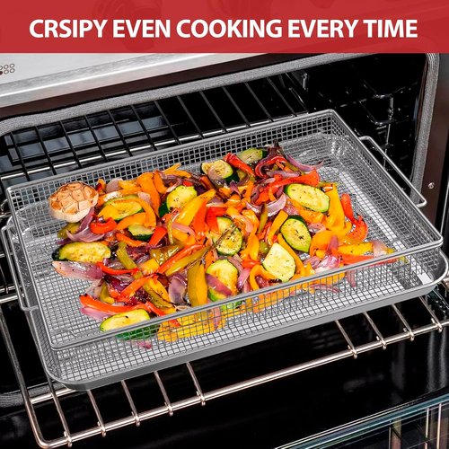 Geesta Air Fryer Basket - Extra Large 16.5” x 12.5” Stainless Steel Crisper Tray with 50 Recipes | Oven Accessories for Crispy Foods
