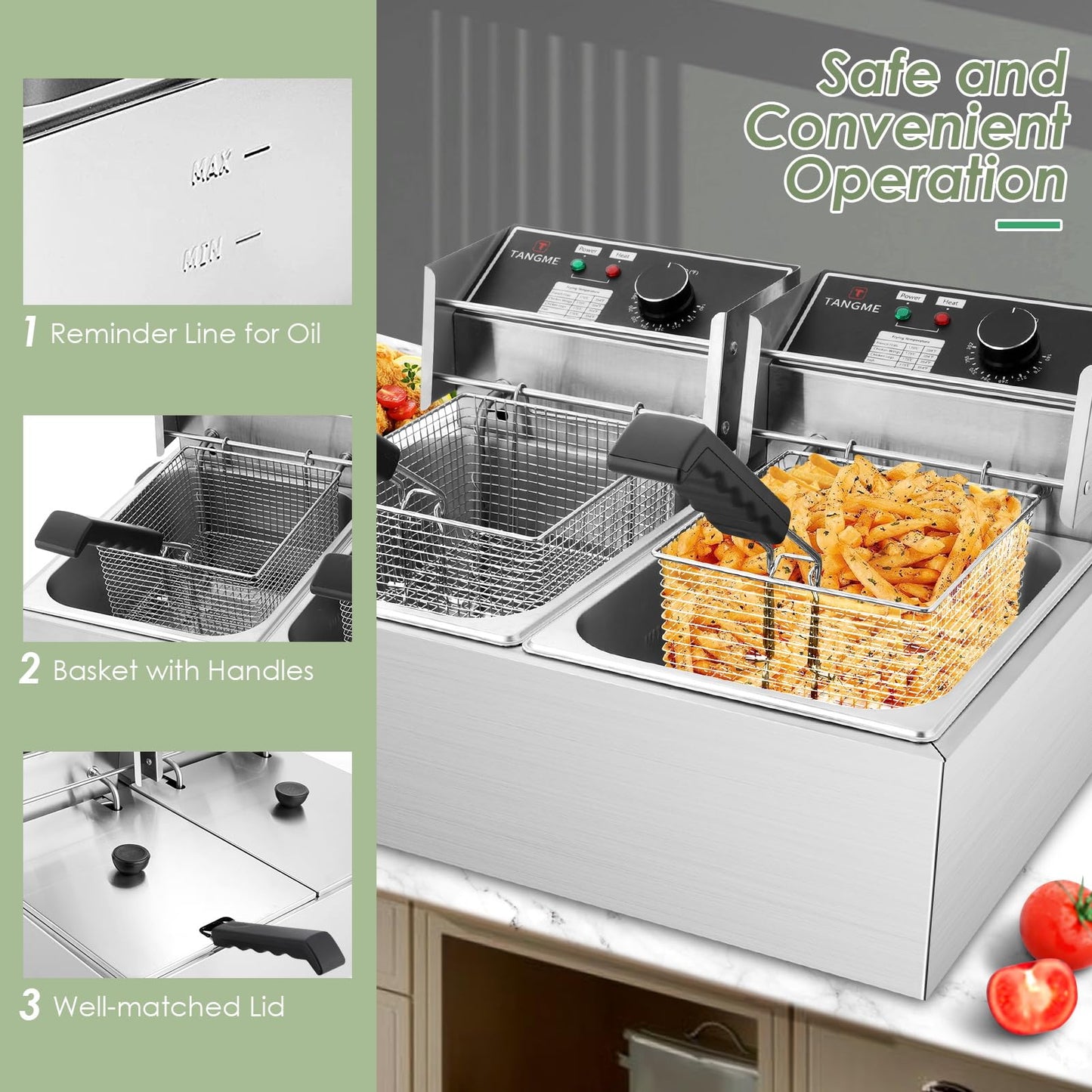 Commercial Deep Fryer, 3400W Electric Deep Fryers with 2x6.35QT Baskets Thickened Stainless Steel Countertop Oil Fryer 20.7QT Large Capacity with Lids Temperature Controller (12L)