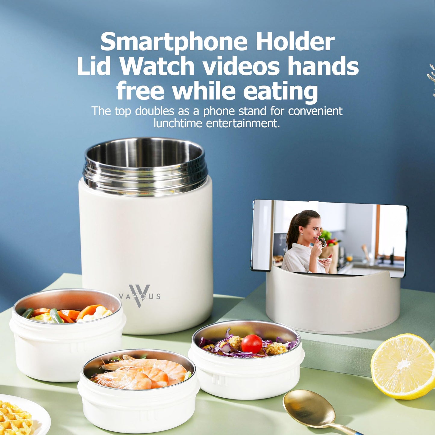 VAYOUS 60oz Insulated Food Jar with Phone Holder Lid –Stainless Steel Lunch box with 3 Compartments – Leak-Proof, Thermal Bento for Adults, Keeps Meals Hot or Cold for Hours