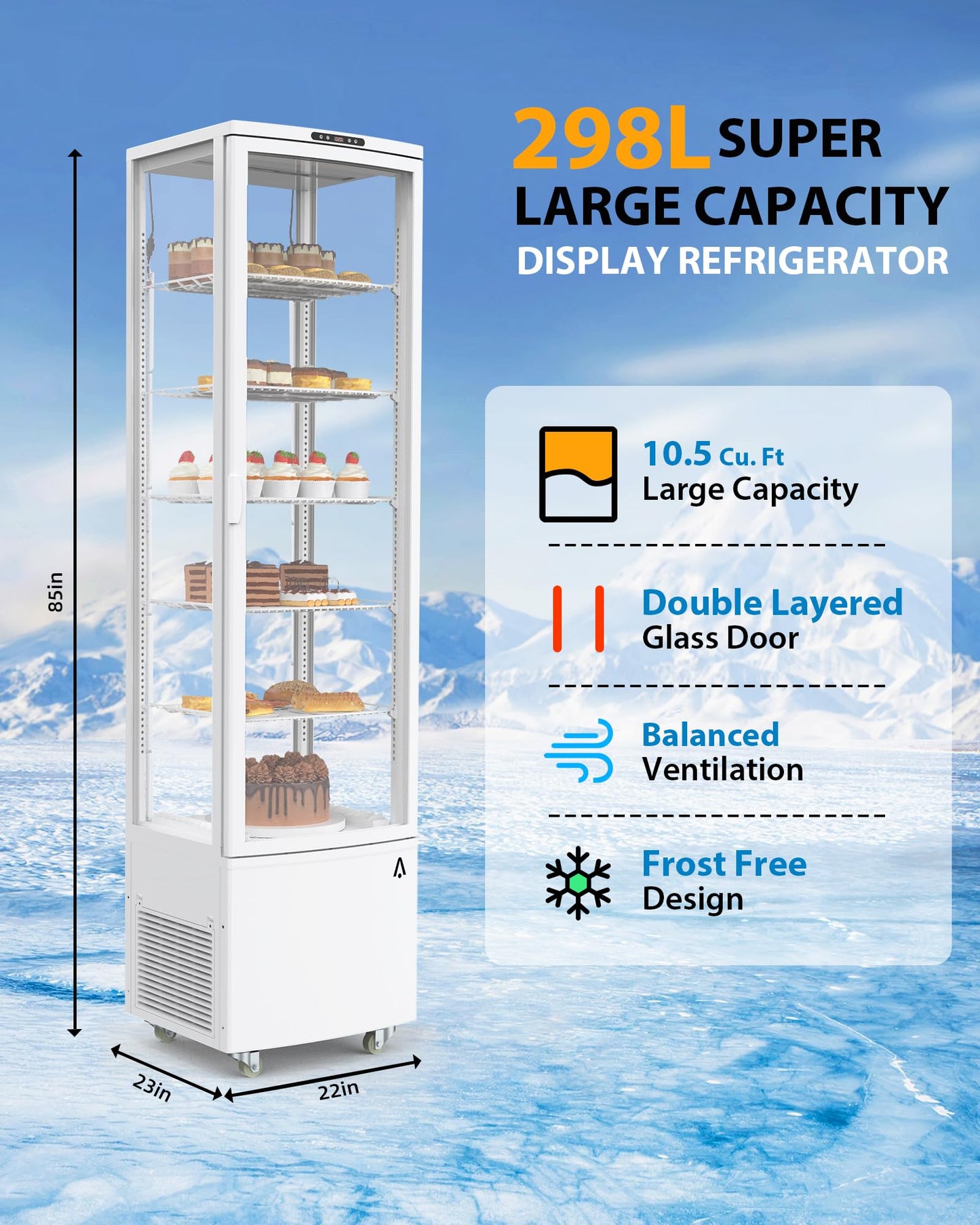 Garvee Commercial Refrigerated Display Case 10.5 Cu.Ft Freestanding Display Refrigerator with Adjustable Shelves, LED Lighting, Automatic Defrost Display Fridge for Bakery, Coffee, Supermarket