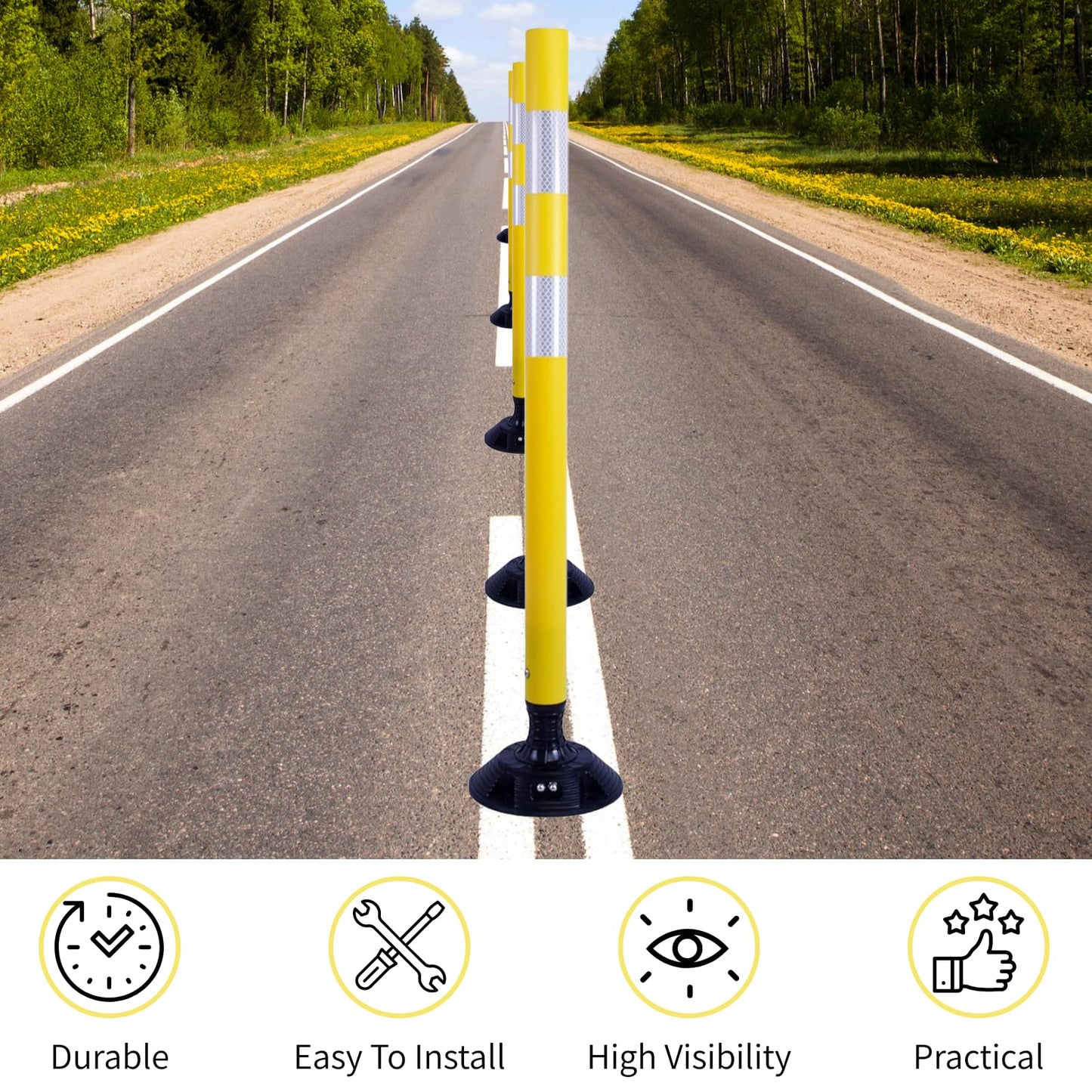 8 Pack Traffic Delineator Posts – High Visibility Reflective Safety Cones with Spring Base for Roadway, Parking, Garage, Construction Zones (Yellow, 36 Inch)