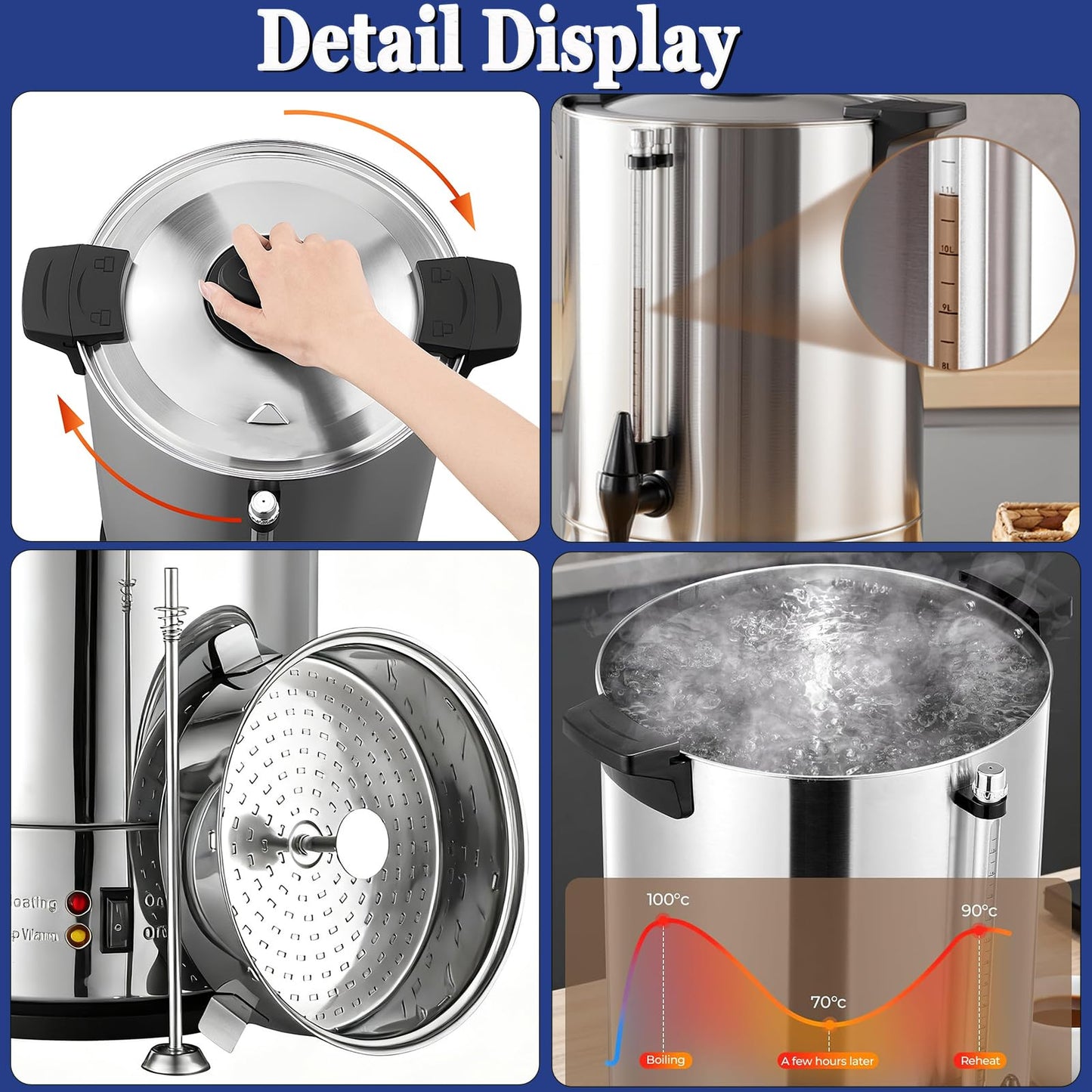 CTJ Commercial Coffee Urn 100-Cup Percolate Coffee Maker Stainless Steel Hot Water Urns 15L/4 Gallon Large Capacity Hot Beverage Dispenser with Removable Filter for Coffee, Tea, Water