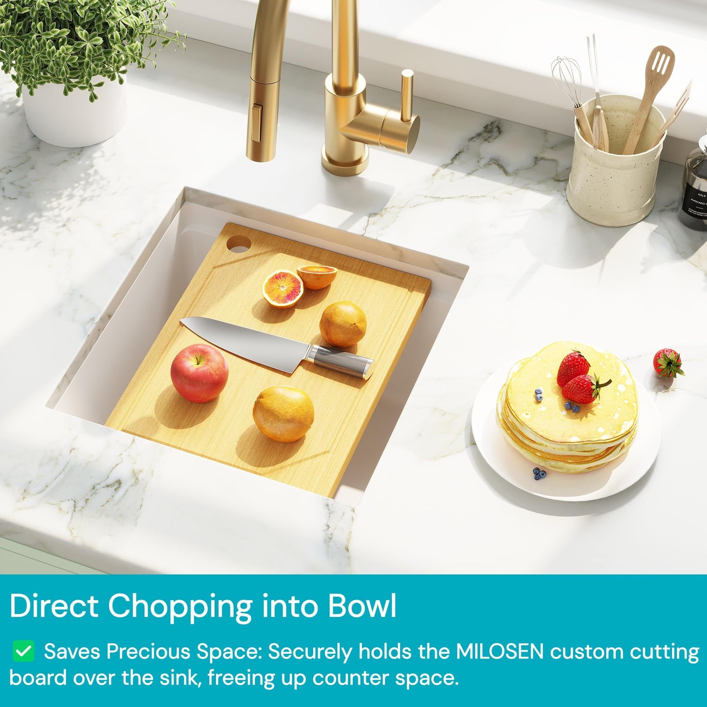 MILOSEN White Undermount Bar Sink, 16×16 Inch Small White Granite Composite Wet Bar or Prep Sinks with Cutting Board, 9 Inch Deep Outdoor Single Bowl Small Workstation Sink with Gold Accessories