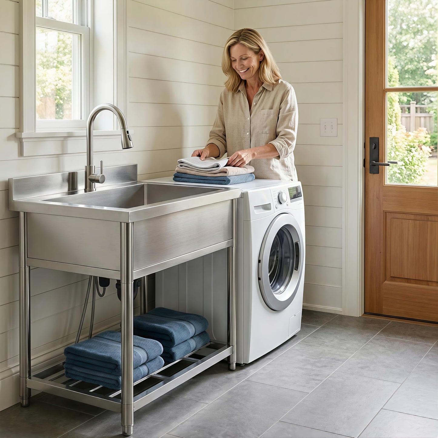 GGW Stainless Steel Large Utility Sink Single Bowl, Freestanding Laundry Sink with Pull-Out Faucet, Utility Sink for Laundry Room, Garage, Kitchen, Outdoor/Indoor Use, W35.4" x D22.4" x H37"