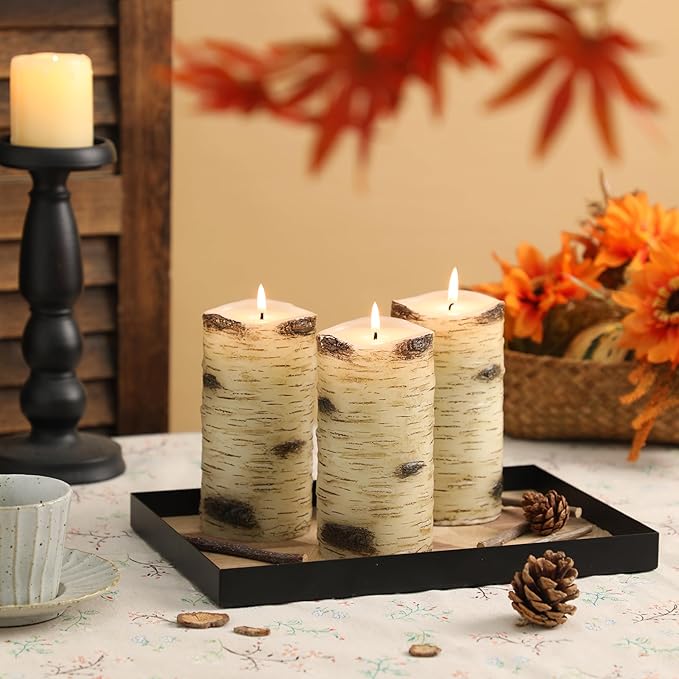 Birch Bark Pillar Candles, Fall Pillar Candles 3x6 Inch Set of 3, Thanksgiving Unscented Long-Lasting Smokeless Candles