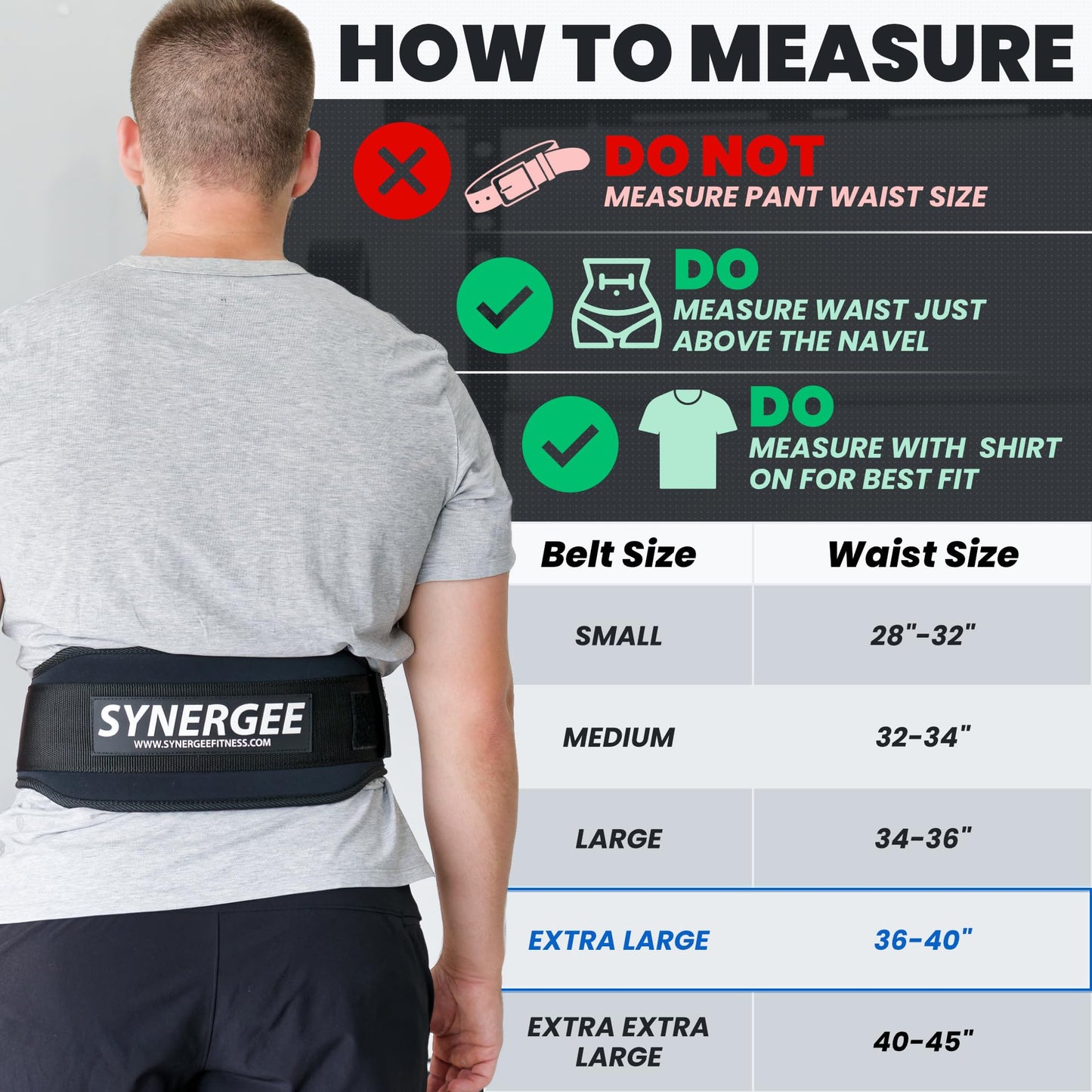 Synergee Weightlifting Belt 5” Padded Support for Squats Deadlifts Powerlifting & Cross Training - X-Large