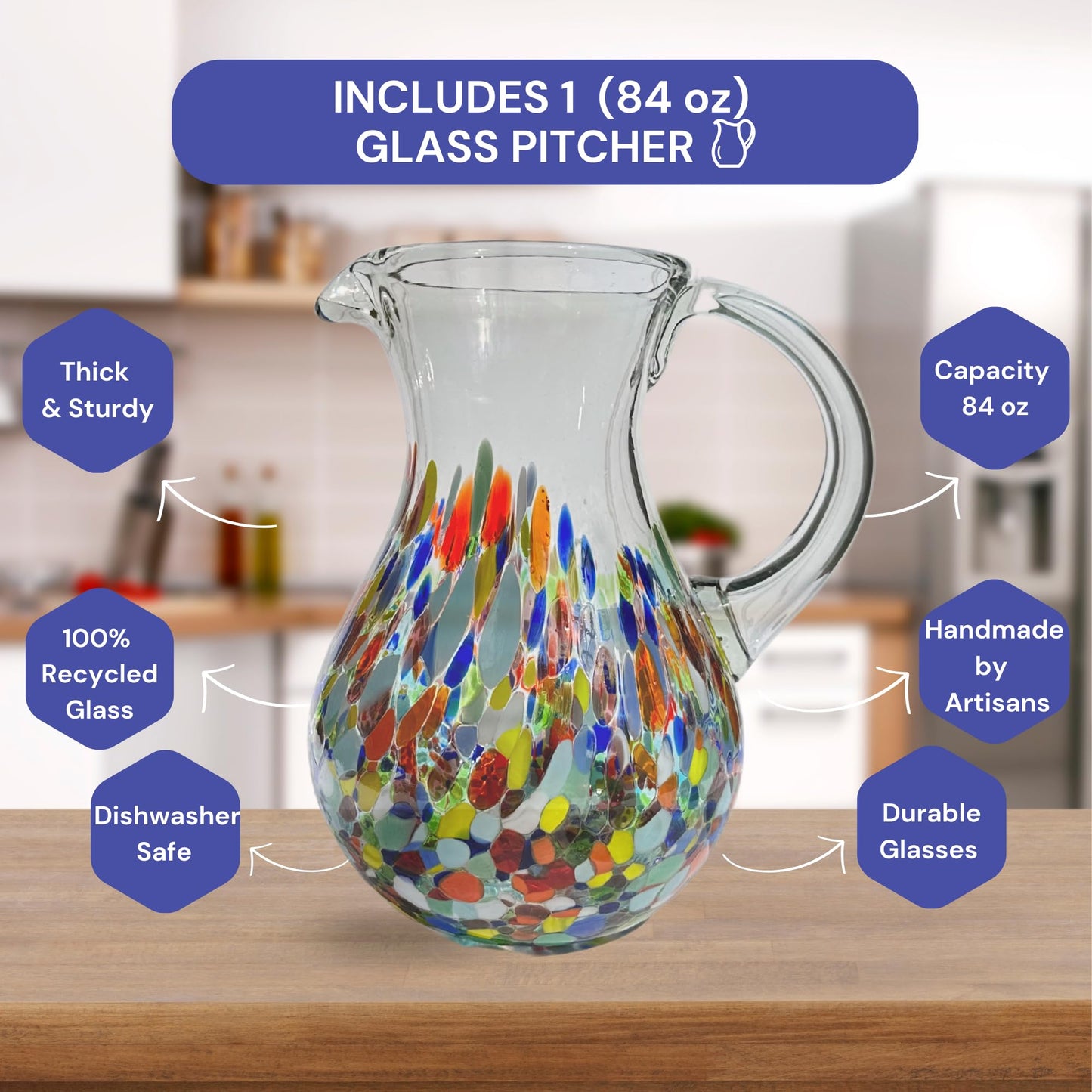 AGAVE'S GLASSWARE Glass Pitcher (84 oz) | Confetti Carmen Water Pitcher | Mexican Glassware | Pitchers for Drinks | Tea Picher Juice Pitcher (Pera Design Confetti Carmen 84 oz)