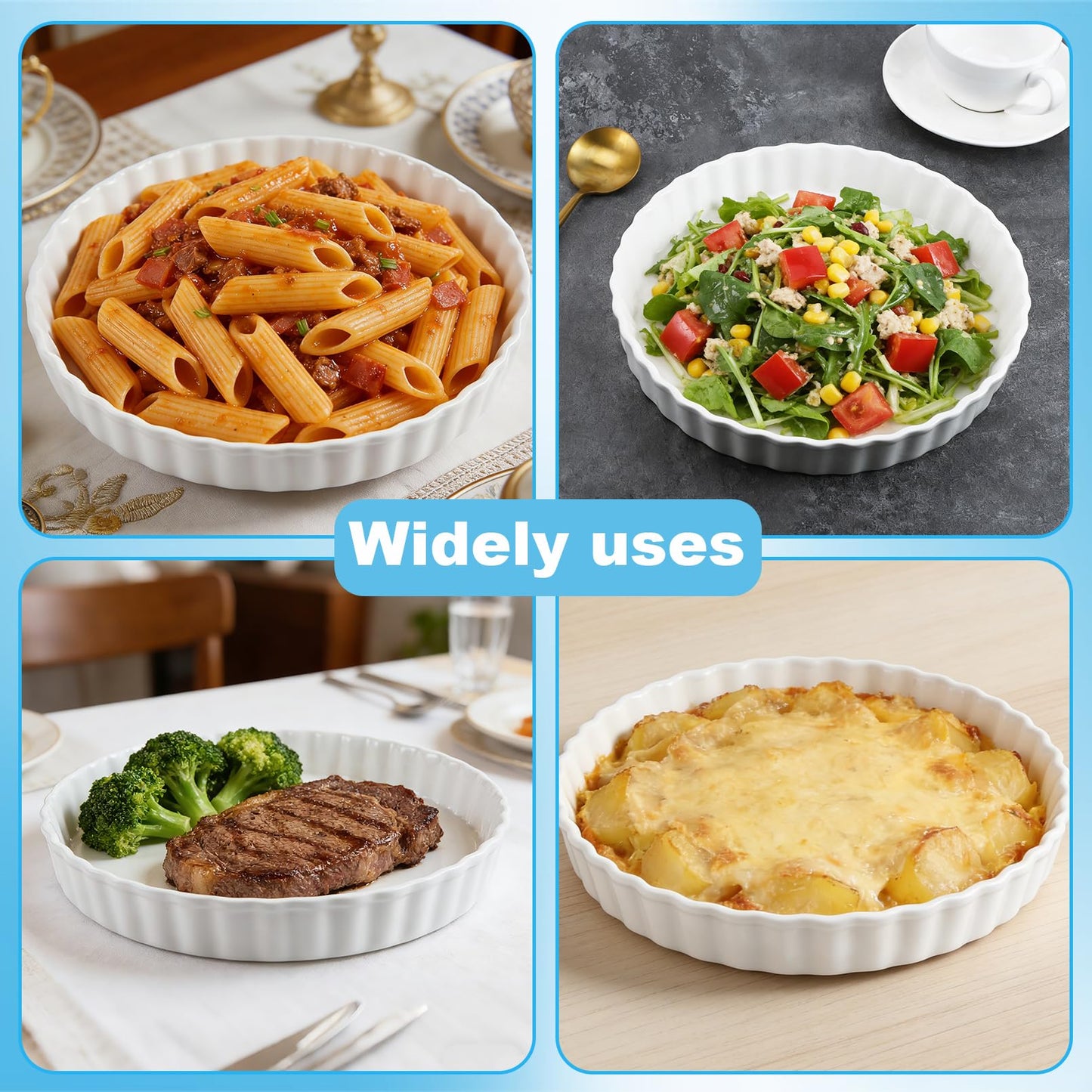 Enjamyo 10 Inches Ceramic Quiche Pans, 2 Pcs Round Pie Baking Dish, Non-Stick Round Pie Dish Quiche Pan, Fluted Edge Pie Pans for Baking Tart Pies, Apple, Quiche(White)