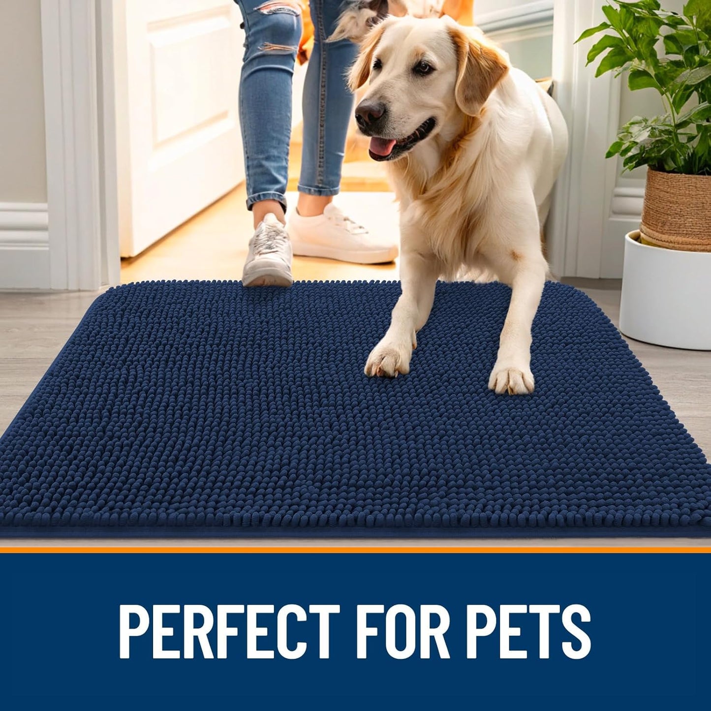 OLANLY Dog Door Mat - Absorbent Non-Slip Chenille Mat for Muddy Paws | Quick Dry 59x35, Dark Blue