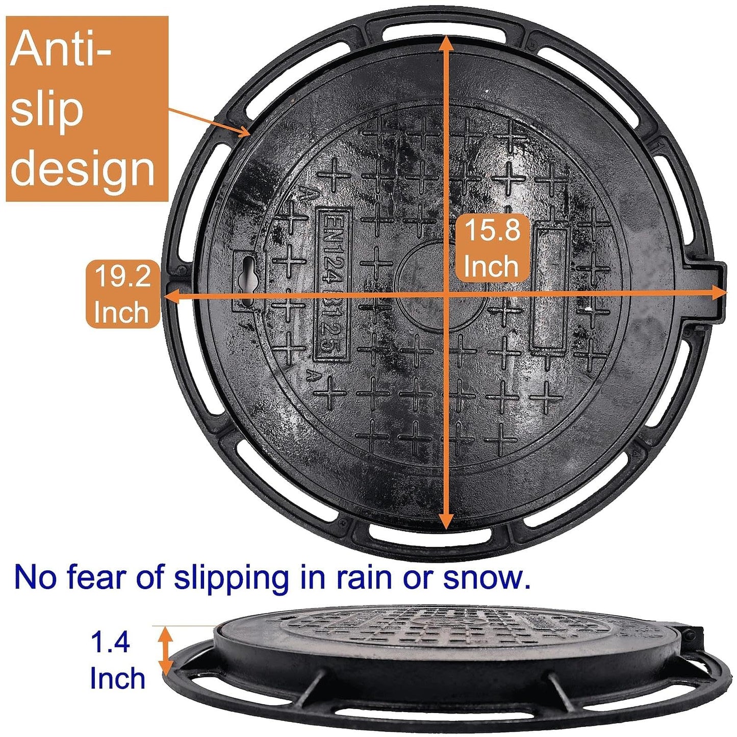 DuuMuut 16 in Cast Iron Manhole Cover and Frame for 15" Corrugated Pipe, B Class 28100 lbs Heavy-Duty Driveway Septic Tank Lid with Base, Round Black Anti-Slip Inspection Well Cover (True 15.8" ID)