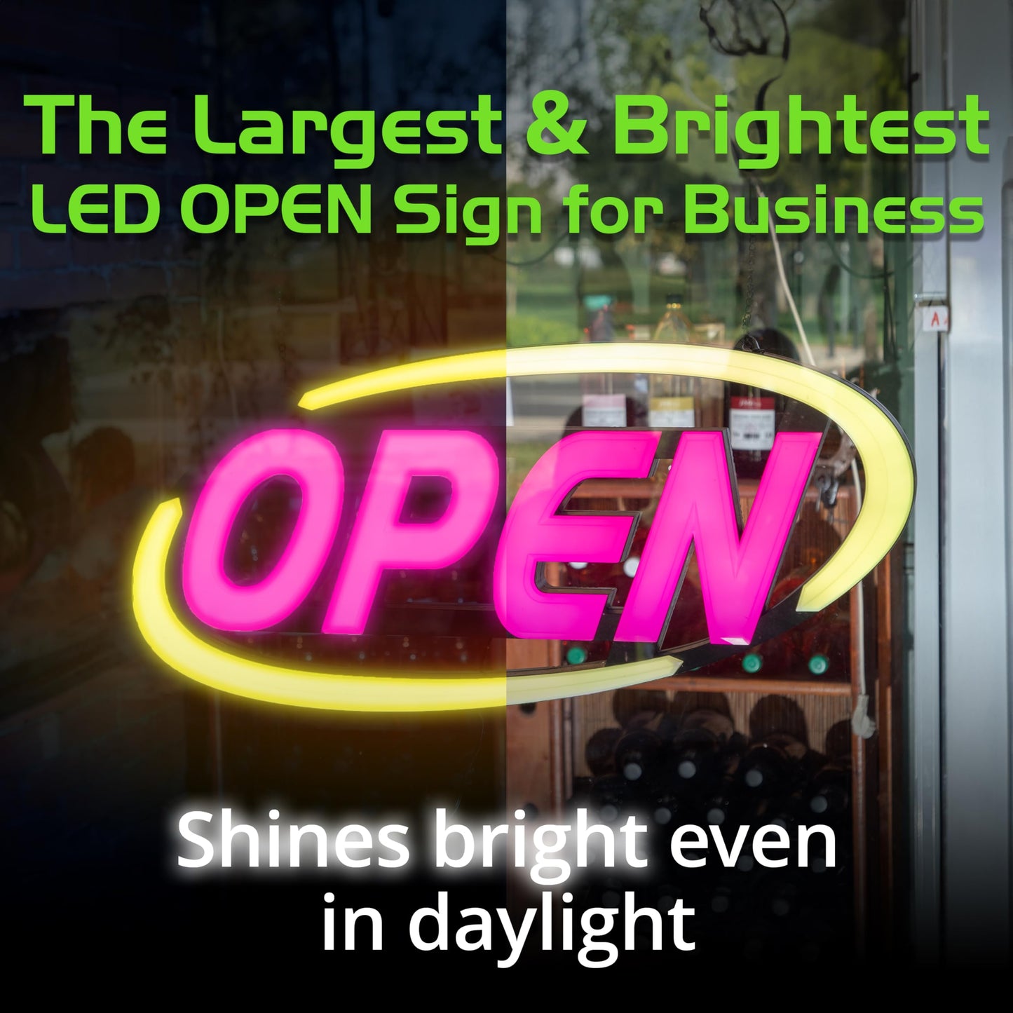 Green Light Innovations Super‑Bright LED Open Sign 15×32 in – Programmable with 64 Color Combos via App or Remote – Static, Scroll, Flash & Phase Modes – Daylight Visible Electric Sign