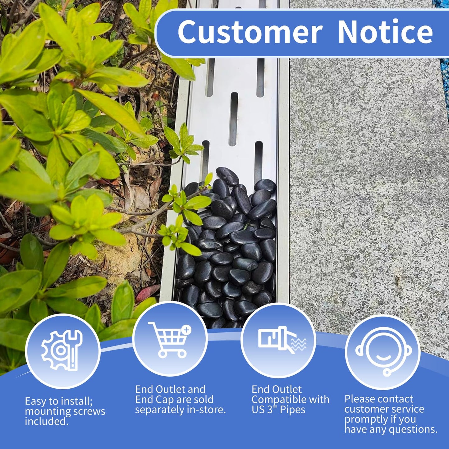 304 Stainless Steel Channel Drain with Pebble Cover–Heavy-Duty Rustproof Channel Drain Kit, Decorative Landscape Trench Drain System for Patio, Yard, Garden Paths, Walkways & Outdoor Drainage.