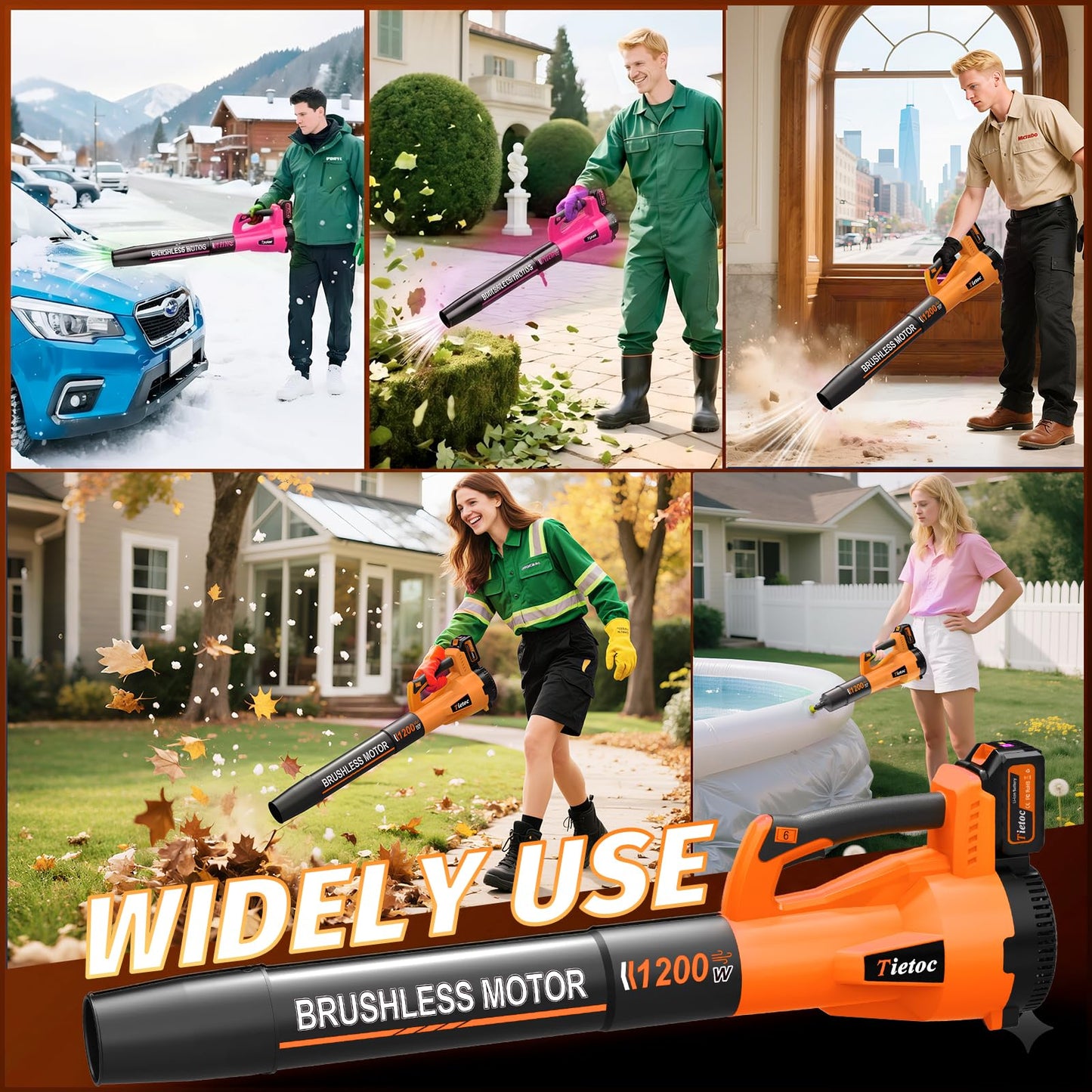 Tietoc Leaf Blower Cordless,1200W Brushless Electric Leaf Blowers w/ 2x5.0Ah Battery & Fast Charger, 6 Speed Powerful Blowers for Garden Lawn Care Patio Blowing Leaves Dust Snow Gift for Men Orange