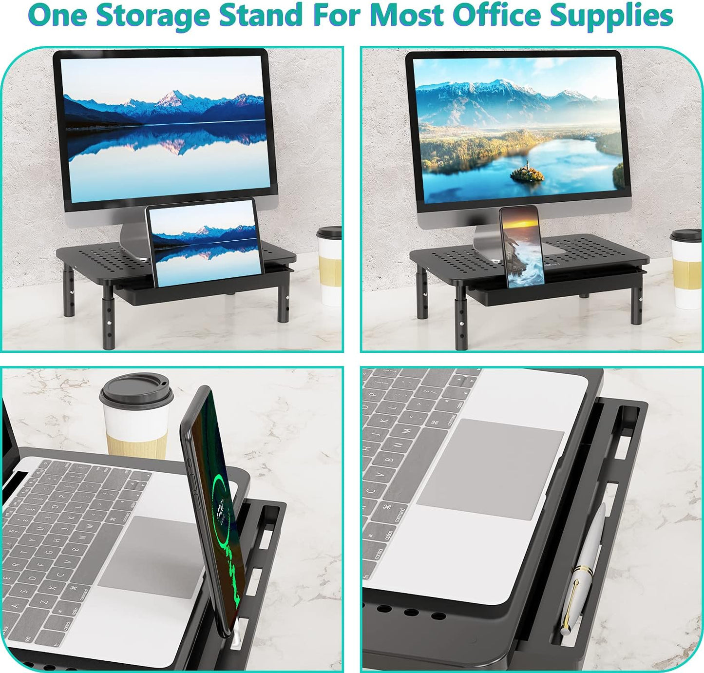 3 (STT003D-B), 1 Pack, WALI Computer Monitor Stand with Storage, Desk Monitor Riser Height Adjustable, Laptop Riser