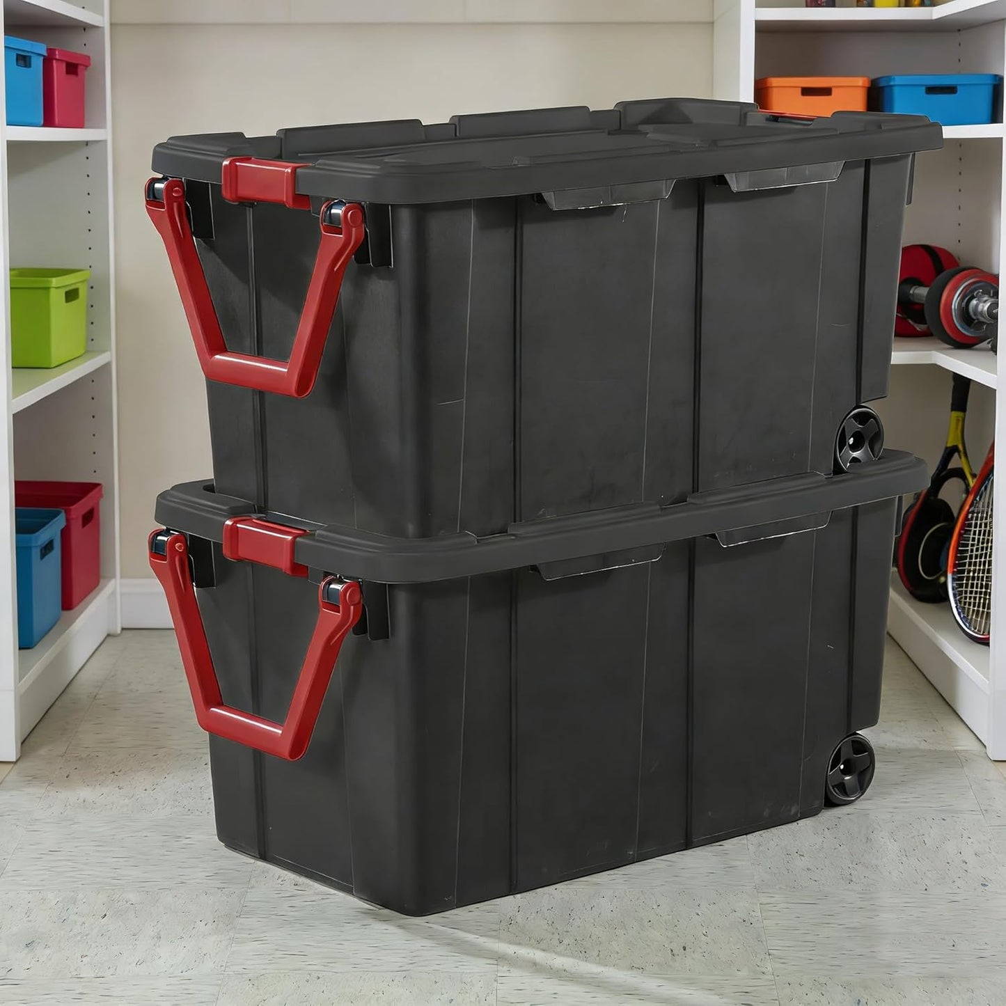 Regine Switzerland Extra Large 40-Gallon Plastic Storage Bin - Durable with Wheels & Handle, Black, Pack of 2
