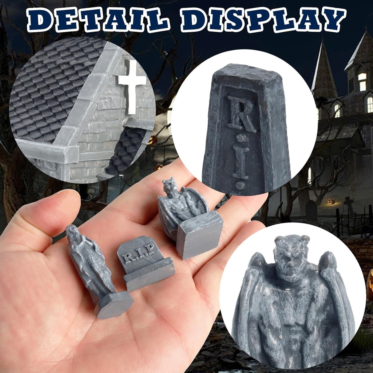 Rileryan Miniature Church Tombstones - 15 PCS Gargoyle & Virgin Figurines for Halloween Decor