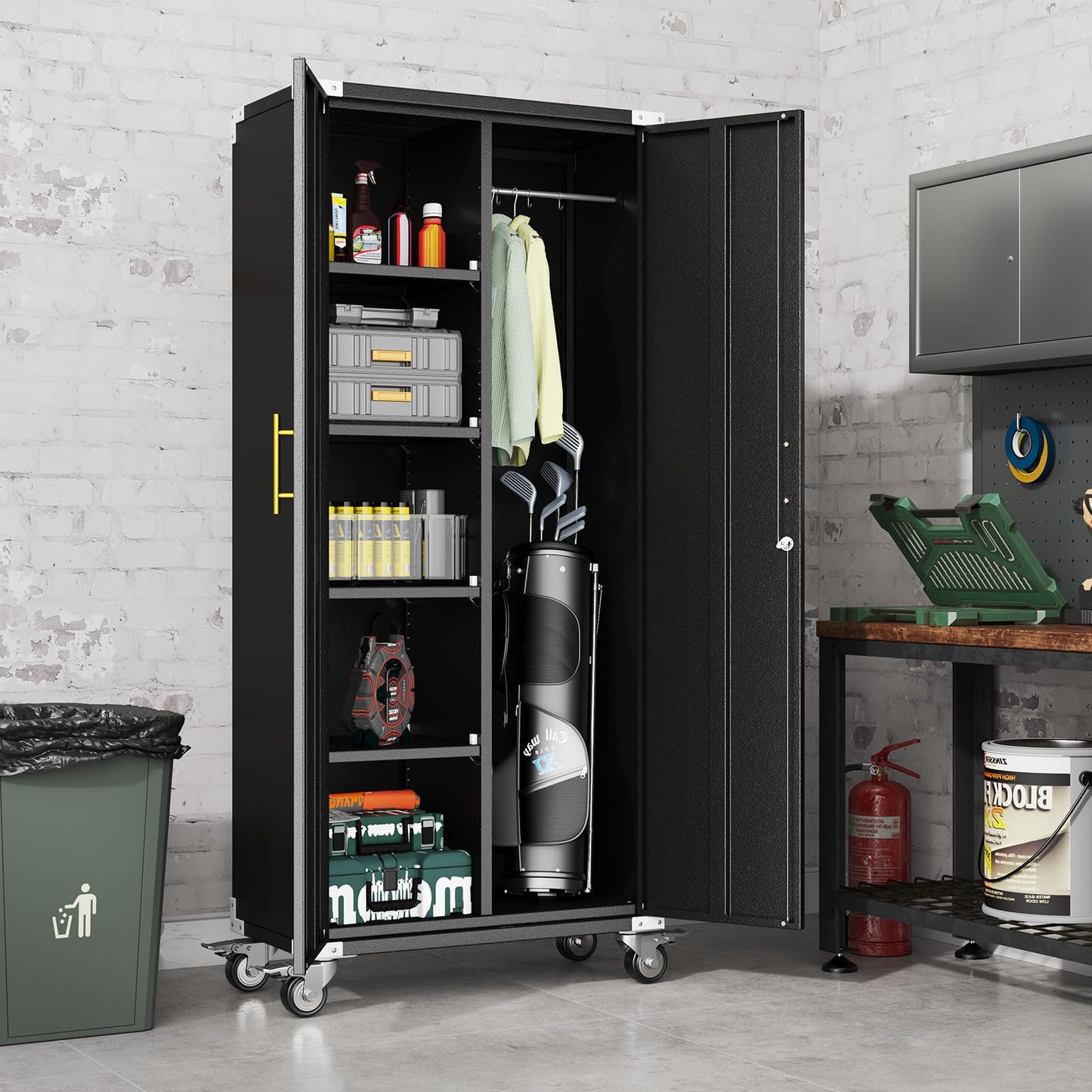 erosoei 71" Broom Storage Cabinet, Cleaning Tool Storage Cabinet, Garage Utility Storage with Hooks and Hanging Rods, Heavy Duty Garden Tool Organizer, for Home, Garage, Laundry Room, Gym, Workshop.