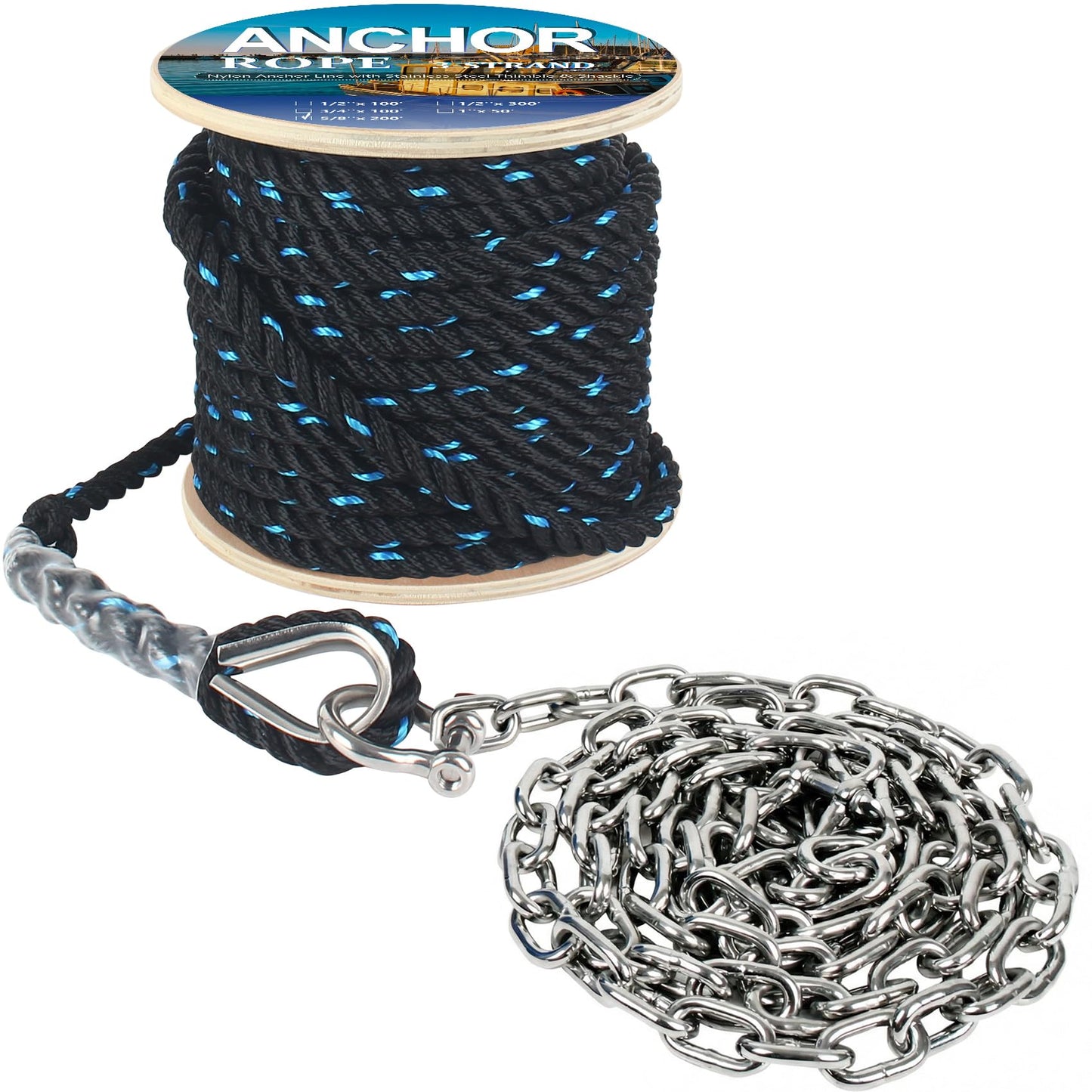 Anchor Rope 200 ft X 5/8 inch Combination Kit,with 5/16" x 10' 316 SS Anchor Chain, 3-Strand Twisted Nylon Anchor Line, Anchor Rope and Chain with Stainless Steel Thimble and Shackle (Black/Blue)