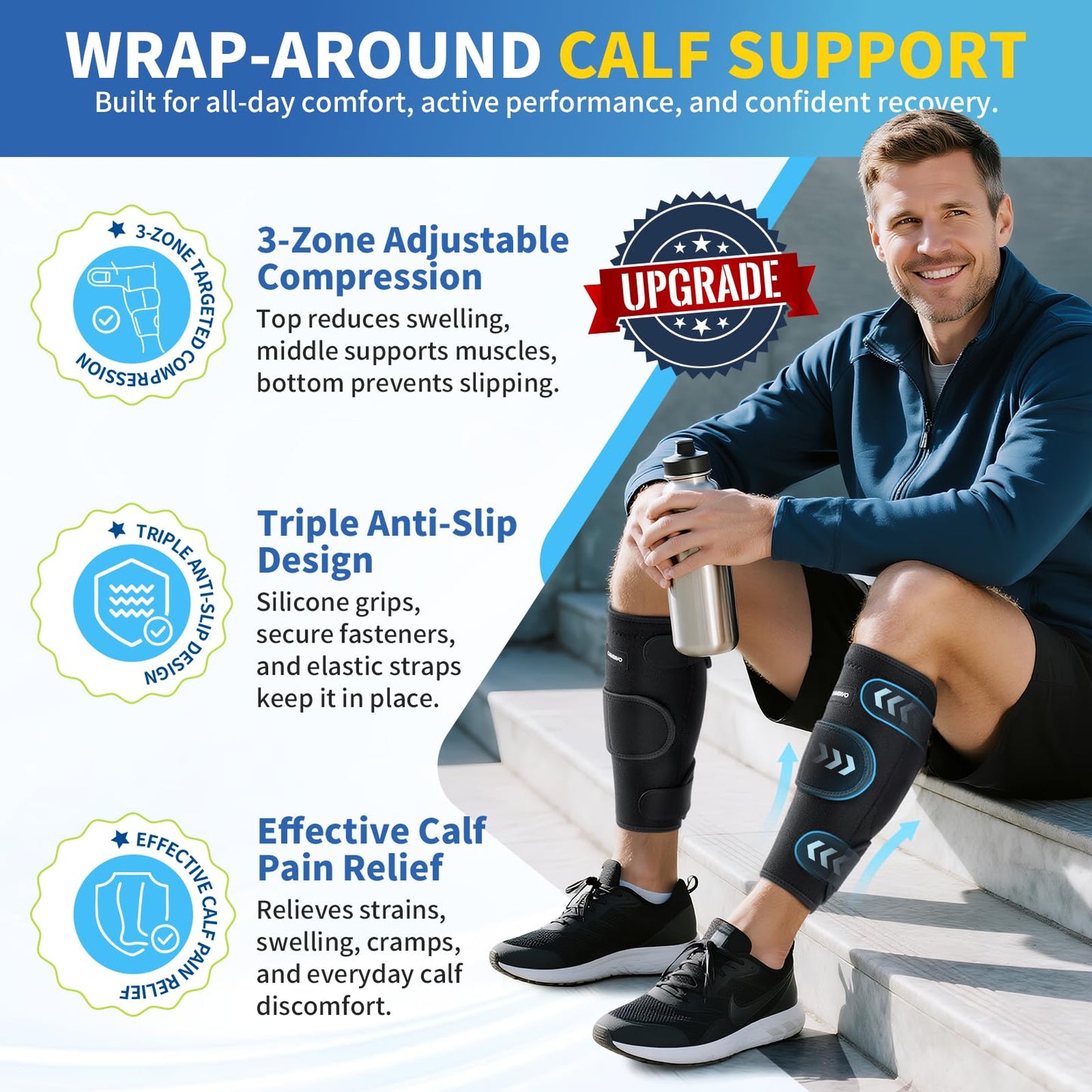 Calf Brace for Torn Calf Muscle - 2 Pack Adjustable Neoprene Compression Sleeve & Wrap Support for Shin Splints, Strain, Leg Pain Relief - Calf Compression Sleeve for Men & Women (Black, Large)