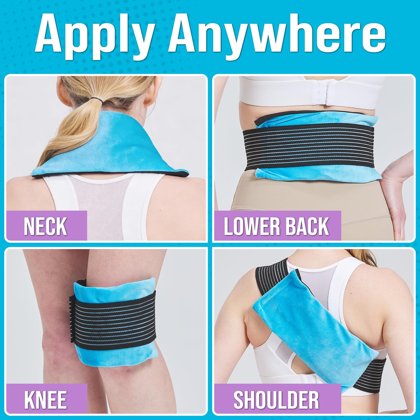Gel Ice Packs for Injuries Reusable, Hot & Cold Gel Wrap (4 Pack), Adjustable & Flexible, Long Lasting Instant Compression for Back, Knees, Shoulders, Elbows, Neck, Foot & Ankle
