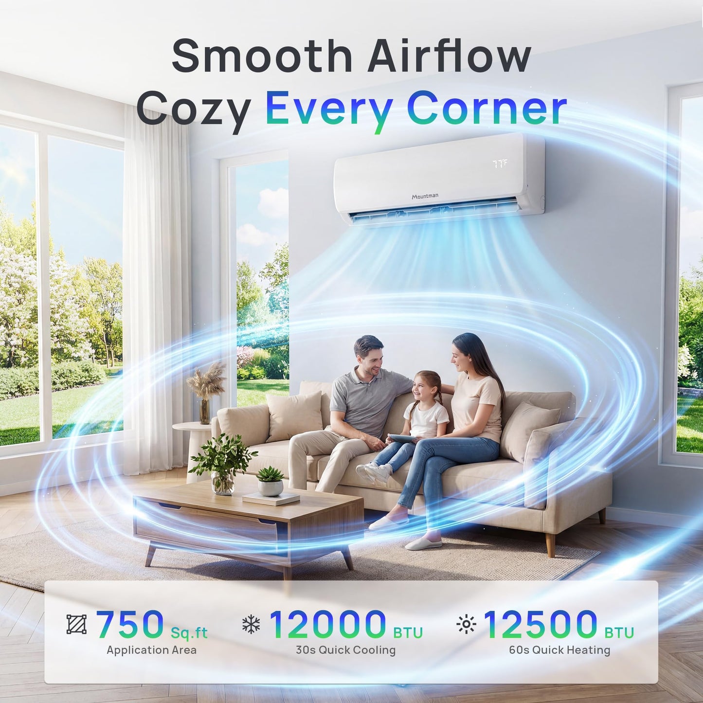Mountman 12000BTU Mini Split AC/Heating System, 115V 19 SEER2 Energy Efficient Mini Split Air Conditioner with Heat Pump, Cools Up to 750sq.ft, Ductless Inverter AC Unit with Pre-Charged Condenser