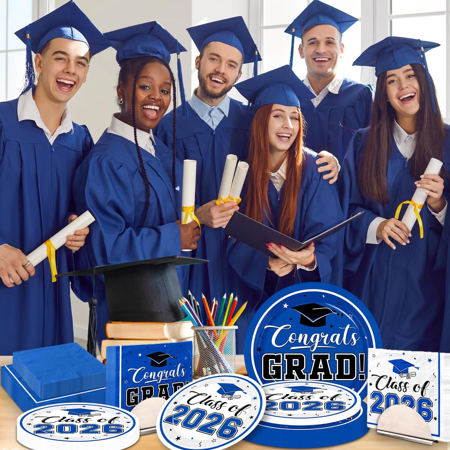 Graduation Party Plates and Napkins Blue Class of 2026 Grad Congrats Party Supplies Disposable Dessert Paper Plates Cocktail Napkins forGraduation Party Decorations,Serve 50