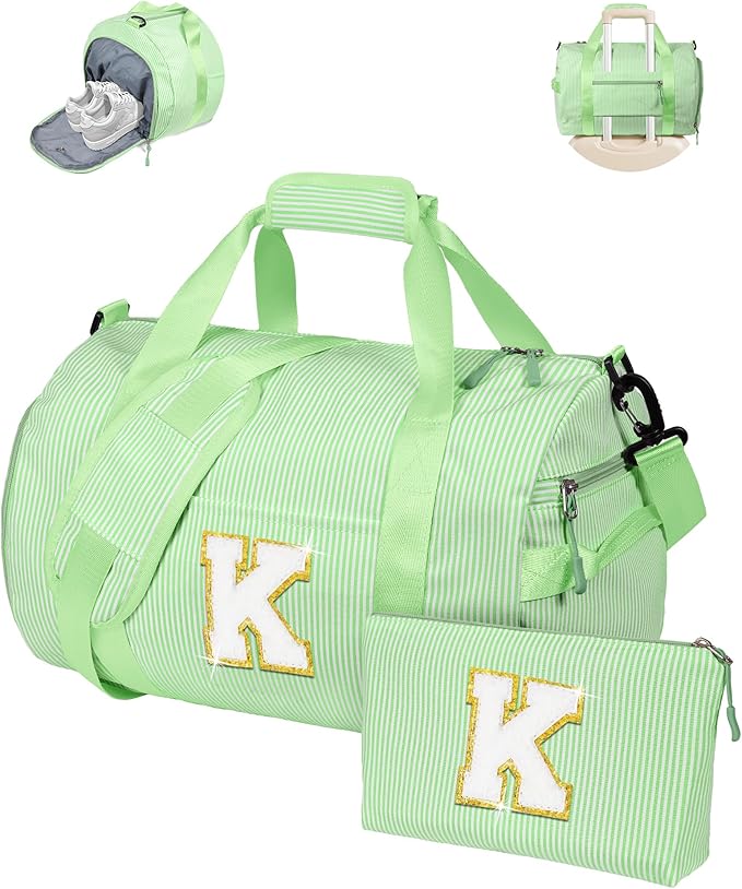 Girls Cheer Up Gifts, Girl Gym Bag, Kids Monogram Overnight Duffel Bags with Shoe Compartment, Personalized Travel Bag with Makeup Pouch, Dance Gift for Niece Daughter (Letter K)