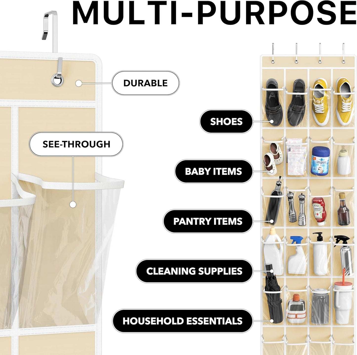 Simple Houseware 24 Pockets - Over The Door Hanging Shoe Organizer | Crystal Clear, Beige (64'' x 19'')