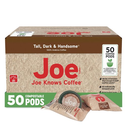 Joe Knows Coffee, Tall Dark & Handsome – 50 Count Compostable Dark Roast Coffee Pods | Bold & Rich Flavor | Compatible With K-Cup Brewers | Eco-Friendly | Kosher | Gluten-Free