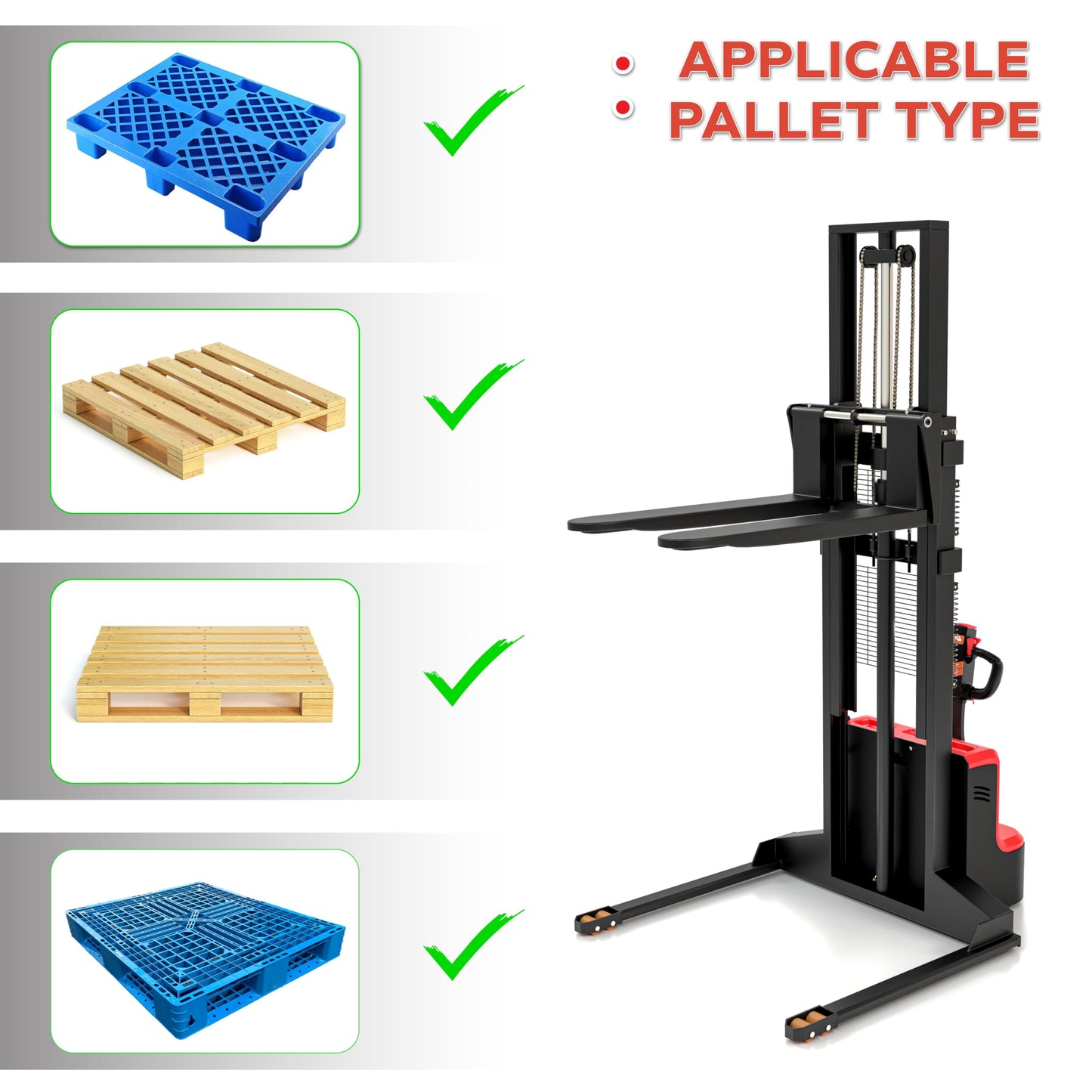 Full Electric Forklift Walkie Pallet Stacker with Fixed Straddle Legs and Adjustable Forks 5.50 Inch to 27 Inch – Material Lifter 3300lbs Capacity 12Ft/138 Inch Lifting Heights - (US-ES33K-138)