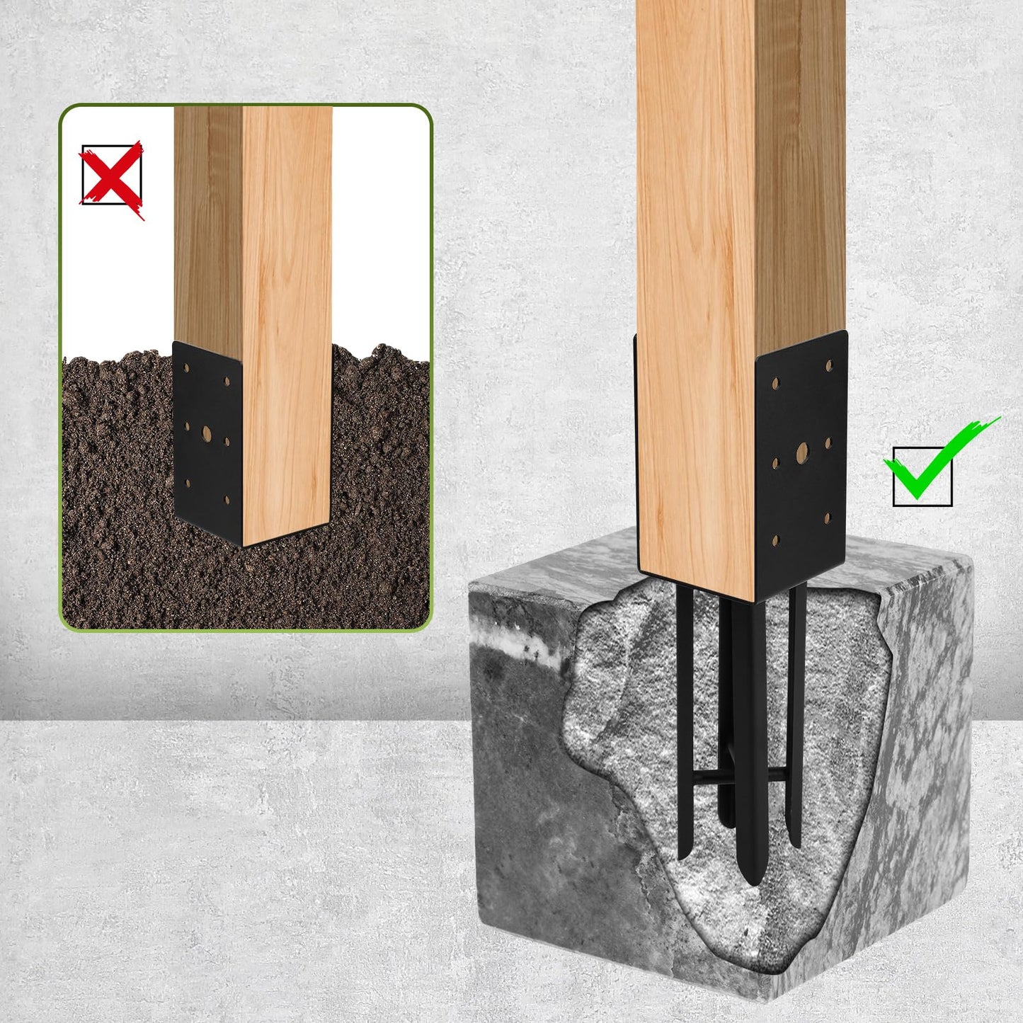 4"x 4" Wet Concrete Fence Post Anchor 4 Pcs(Inner Dia 3.6"x3.6") Heavy Duty U Shape Fence Post Holder Ground Spike Metal Black Powder Coated for Fence, Railing, Pergola Wood Post Bracket Anchor