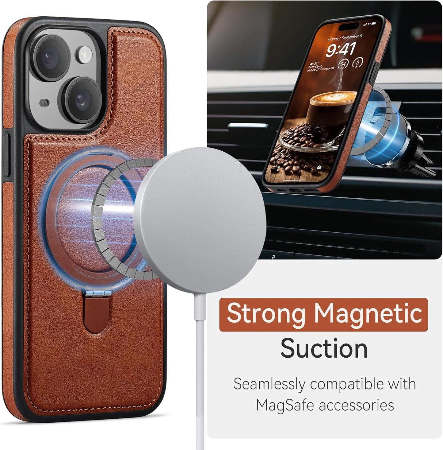 CHEEWADA 15 6.1", for iPhone Case with Stand Compatible with Magsafe Slim PU Leather & Durable TPU Drop Proof Magnetic